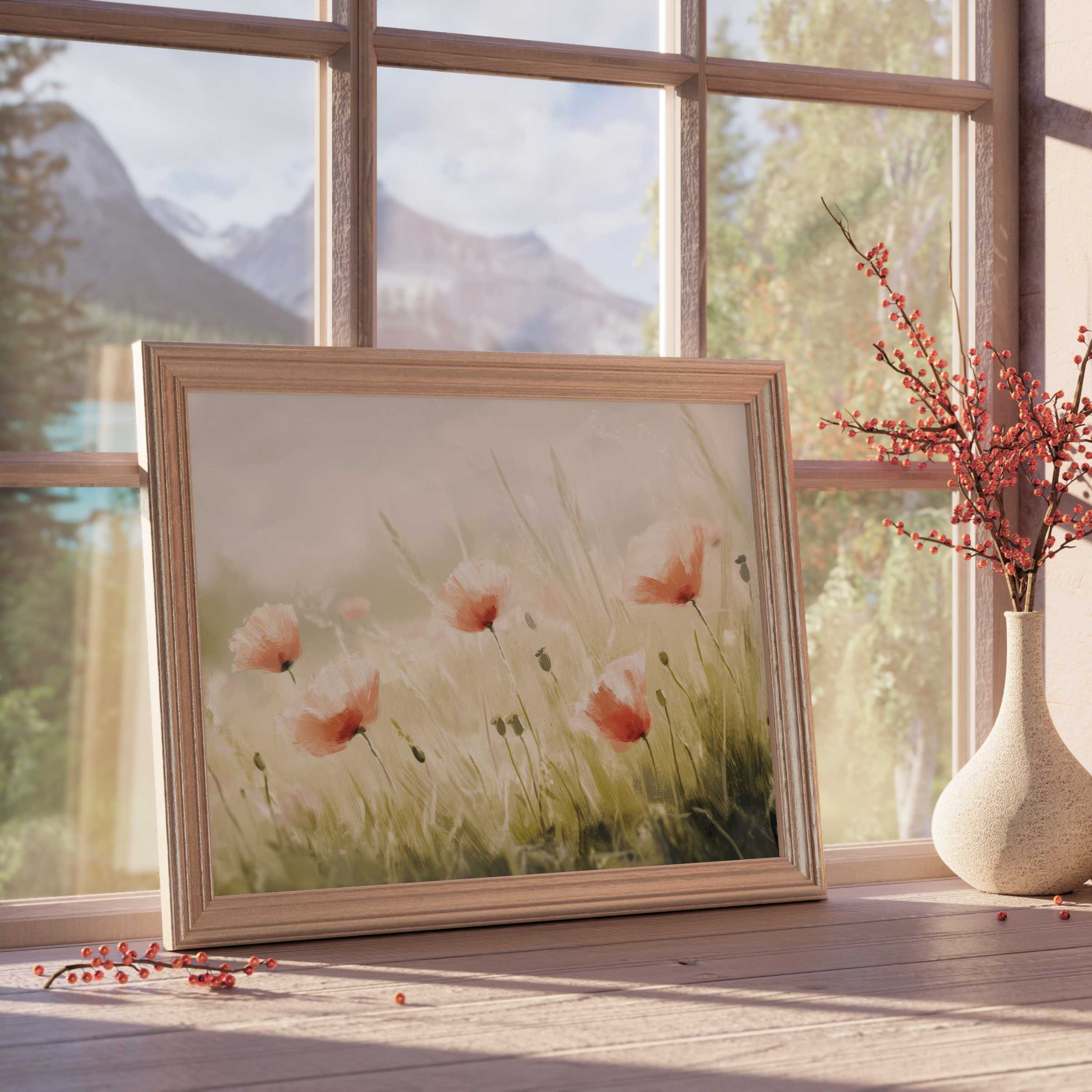 Elegant spring downloadable art capturing soft poppies bathed in warm light, perfect for serene, design-forward interiors