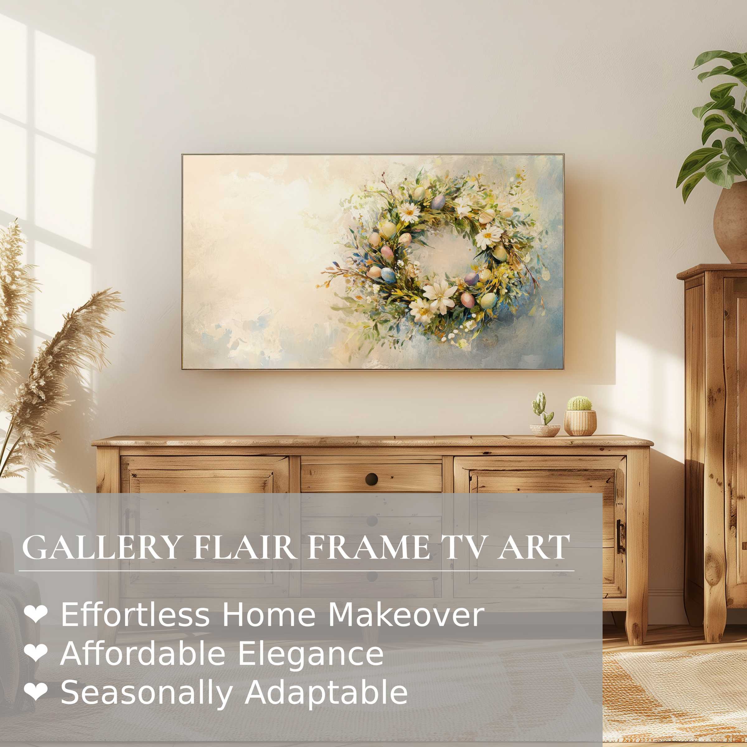 Samsung Frame TV displays elegant easter digital artwork wreath in soft, modern living room setting