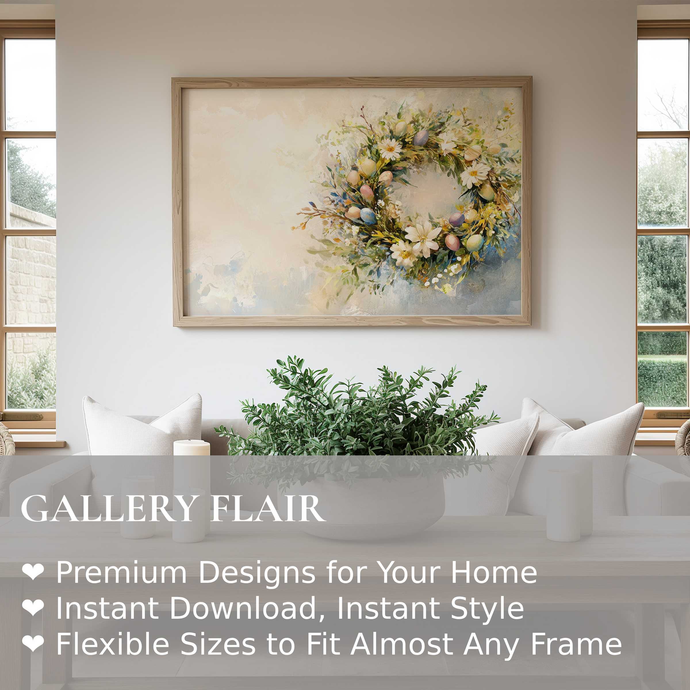 Elegant Easter wall art print featuring a soft pastel wreath of eggs and blossoms, enriching contemporary farmhouse interiors with serene charm