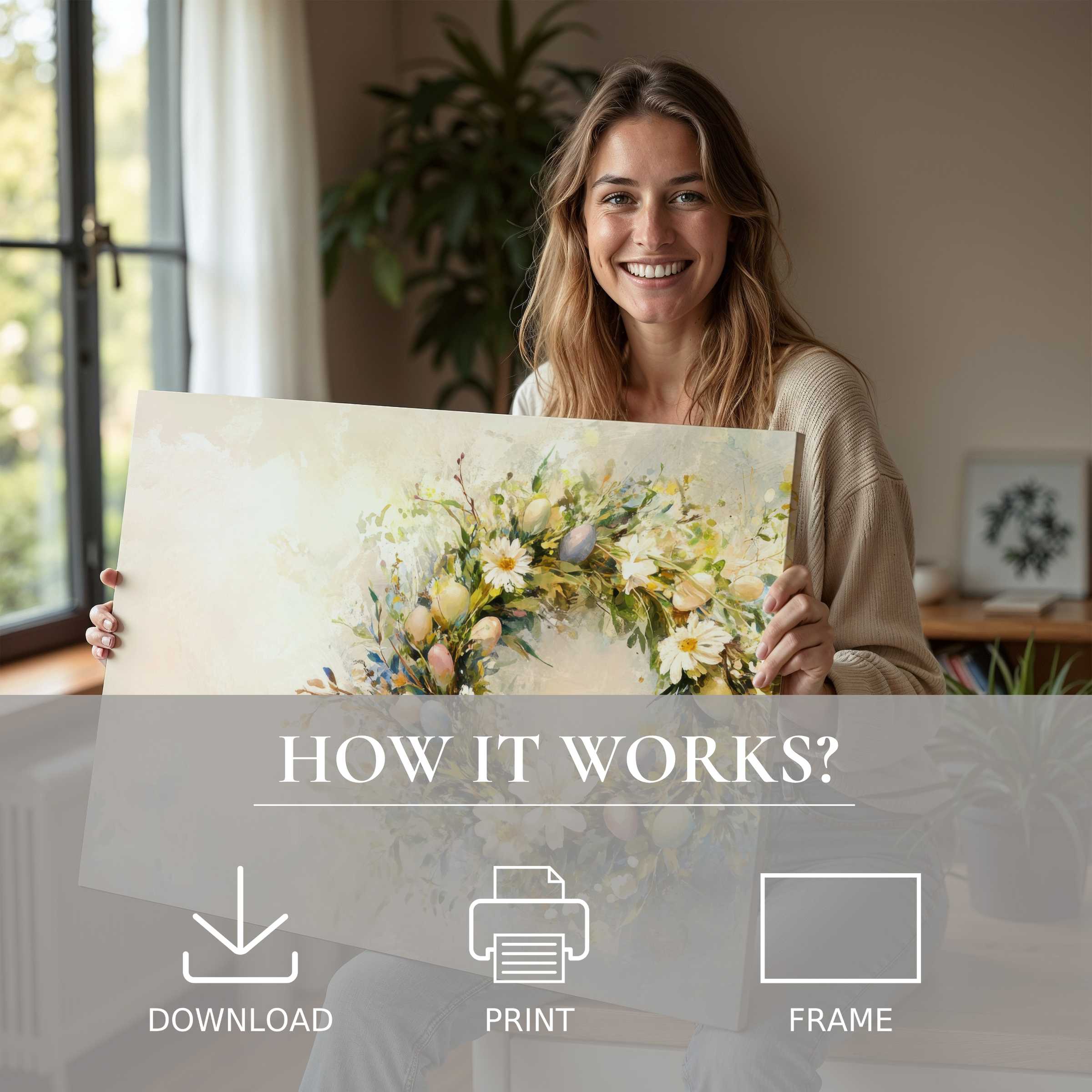 A serene moment of joy as a woman showcases an Easter digital art print, bringing delicate spring warmth to modern living