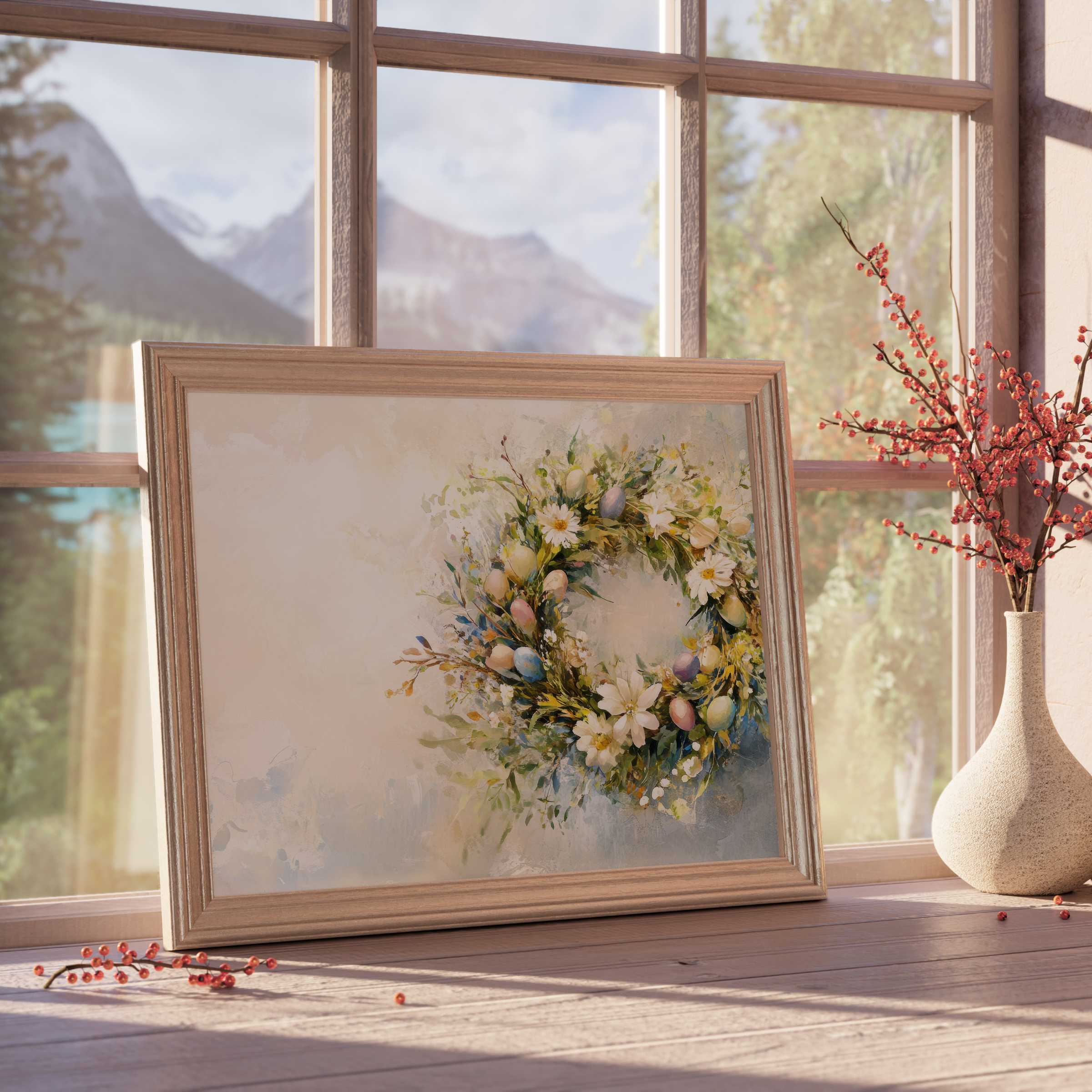 Elegant easter downloadable art with a soft floral wreath of pastel eggs, enriching serene, curated interiors with timeless charm