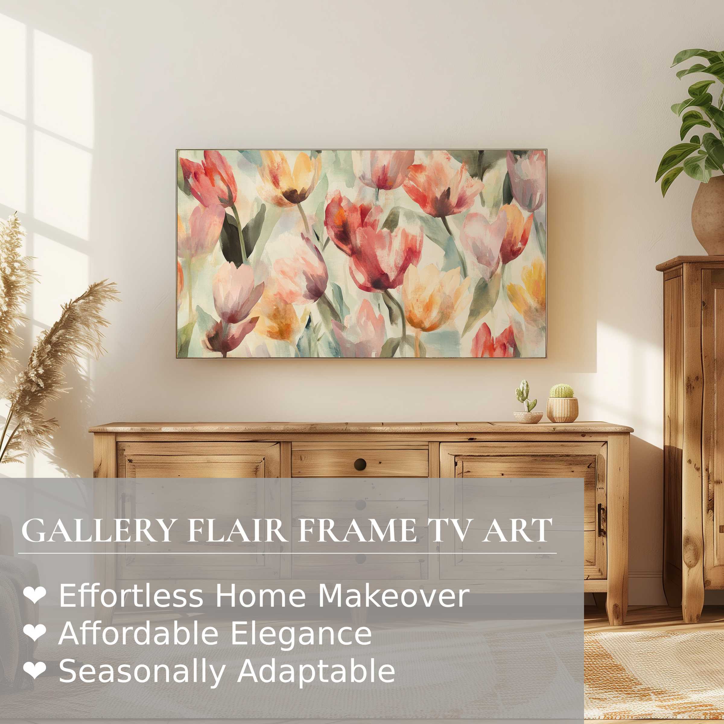 Samsung Frame TV displays elegant floral digital artwork in a sunlit, modern natural wood living room setting
