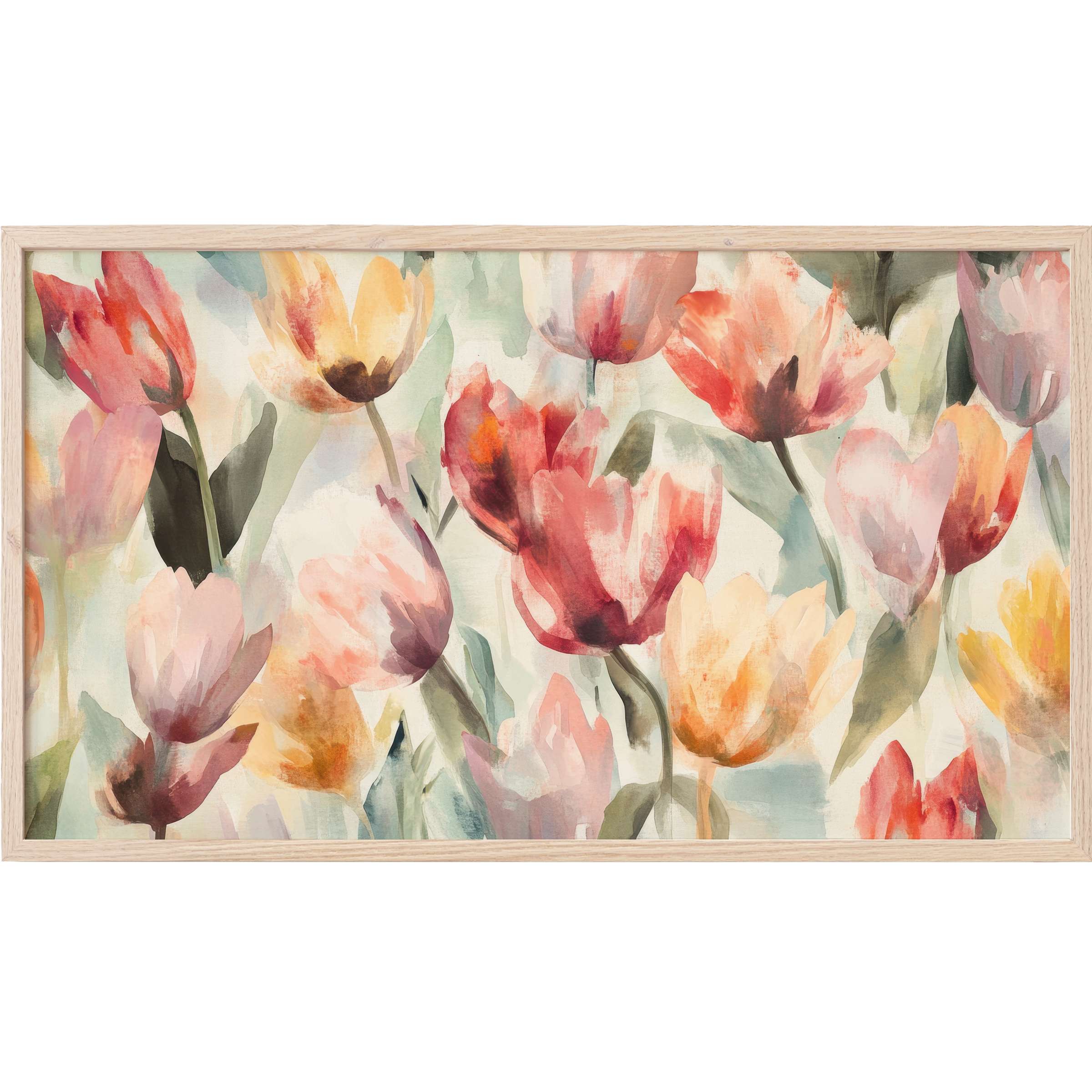 Floral Frame TV Art with soft watercolor tulips in blush, coral, and yellow, framed in light natural wood