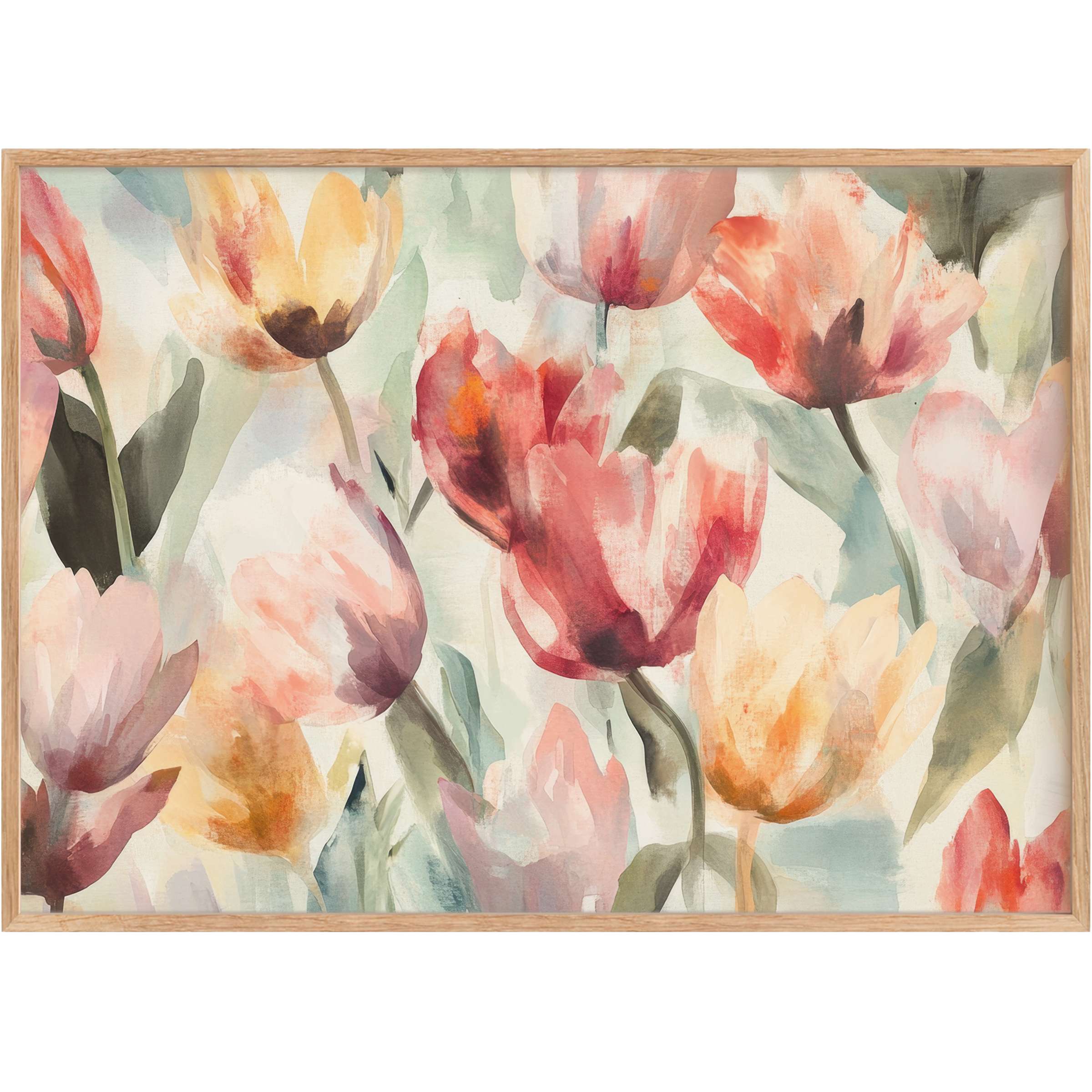 Elegant floral printable wall art in soft reds, peaches, and greens, evoking a calming, serene garden ambiance