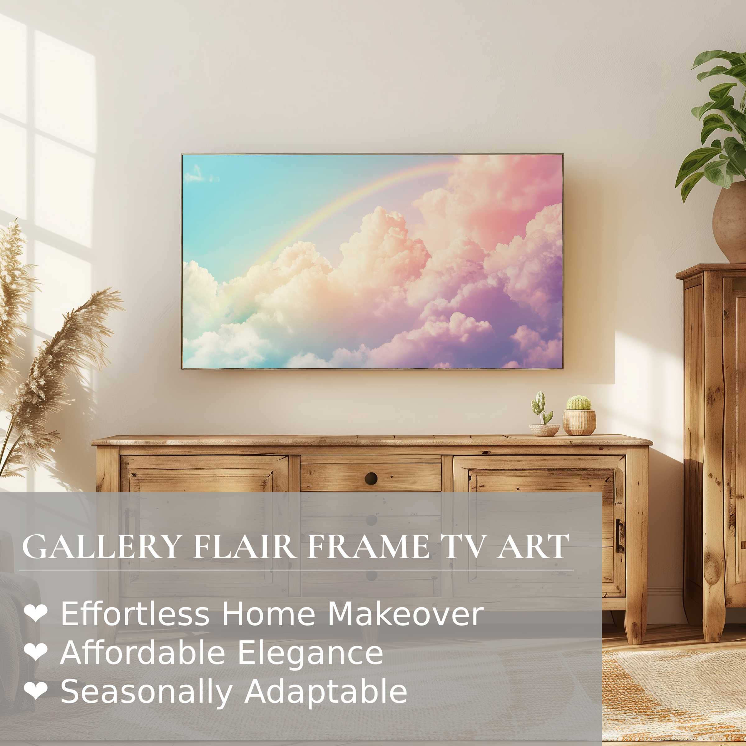 Elegant nursery digital artwork of pastel clouds and rainbow on Samsung Frame TV in warm, modern living space