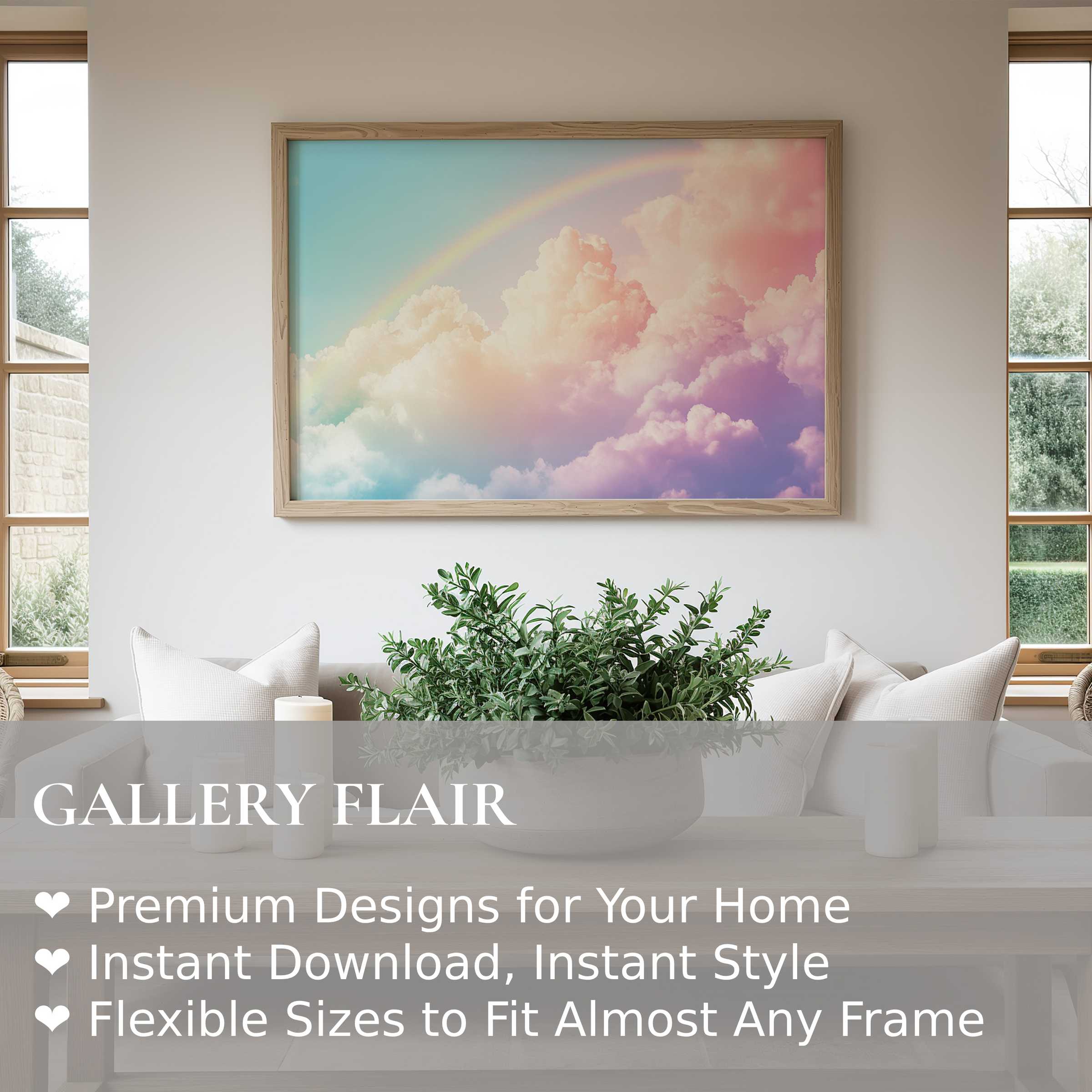 Dreamlike nursery wall art print featuring radiant pastel clouds and a soft rainbow, enhancing serene, modern nursery decor