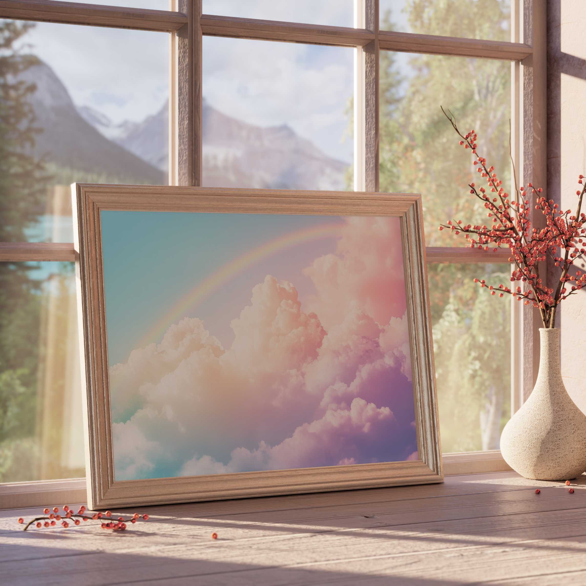 Nursery downloadable art featuring a serene pastel rainbow and soft clouds, elevating tranquil, curated children's spaces