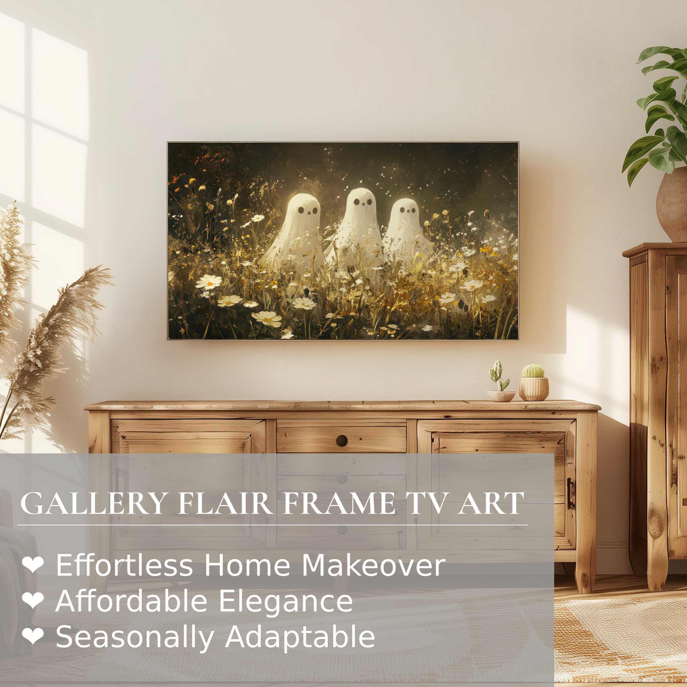 Samsung Frame TV displaying a refined halloween digital artwork of ghosts in a warm floral meadow setting