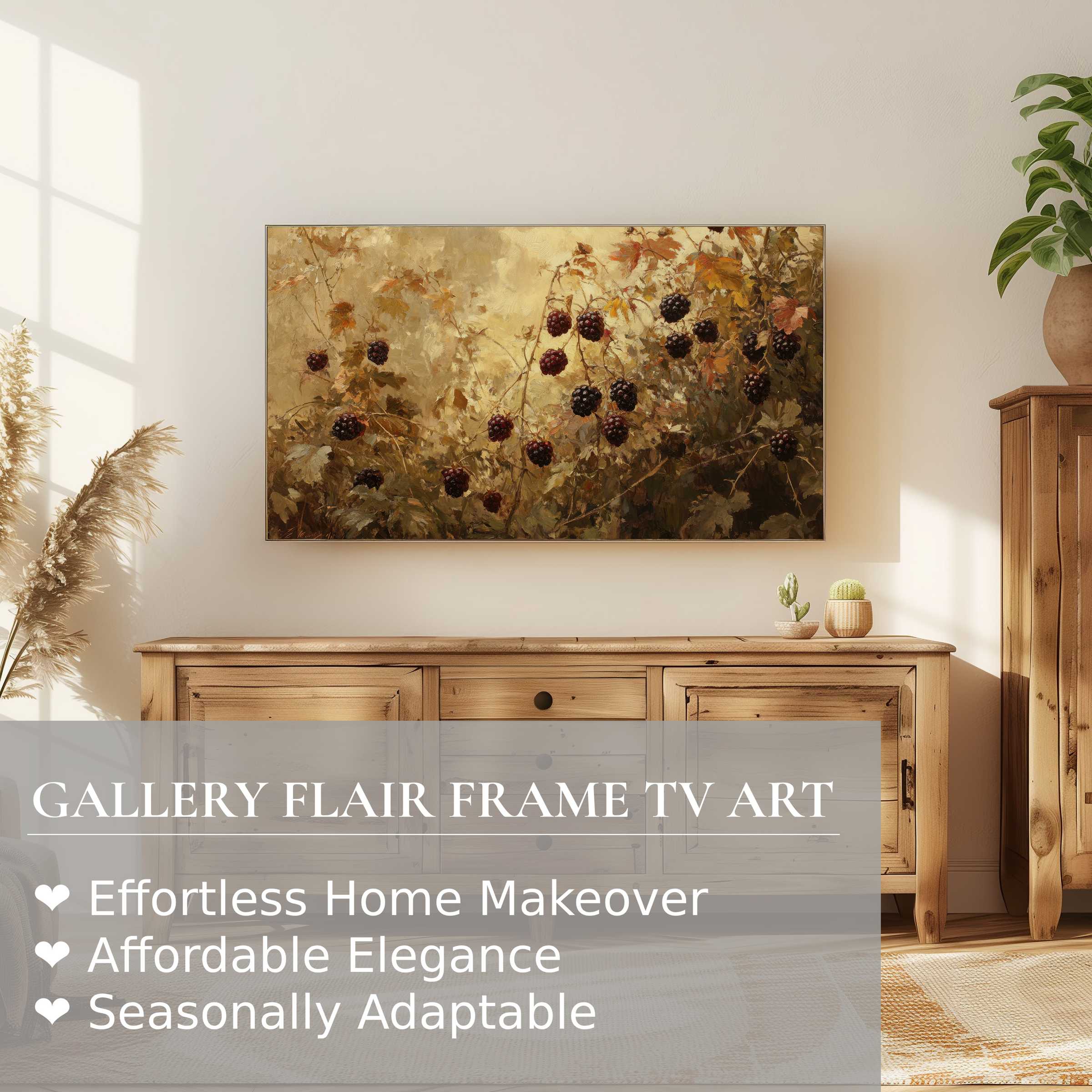 Samsung Frame TV displays warm, botanical digital artwork of ripe blackberries in a cozy, elegant living space