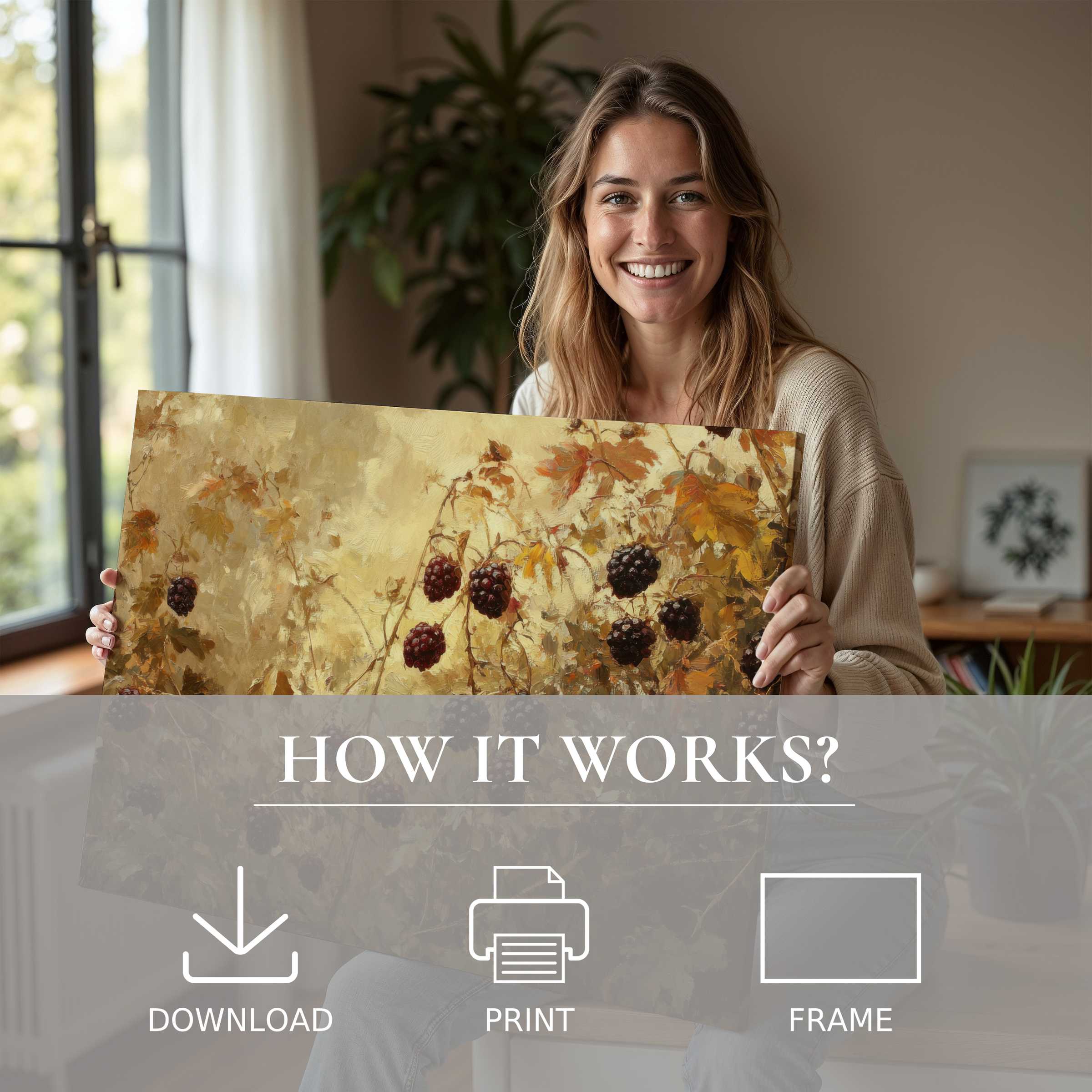 Botanical digital art print inspires serene connection and joy, effortlessly elevating modern interiors with natural warmth
