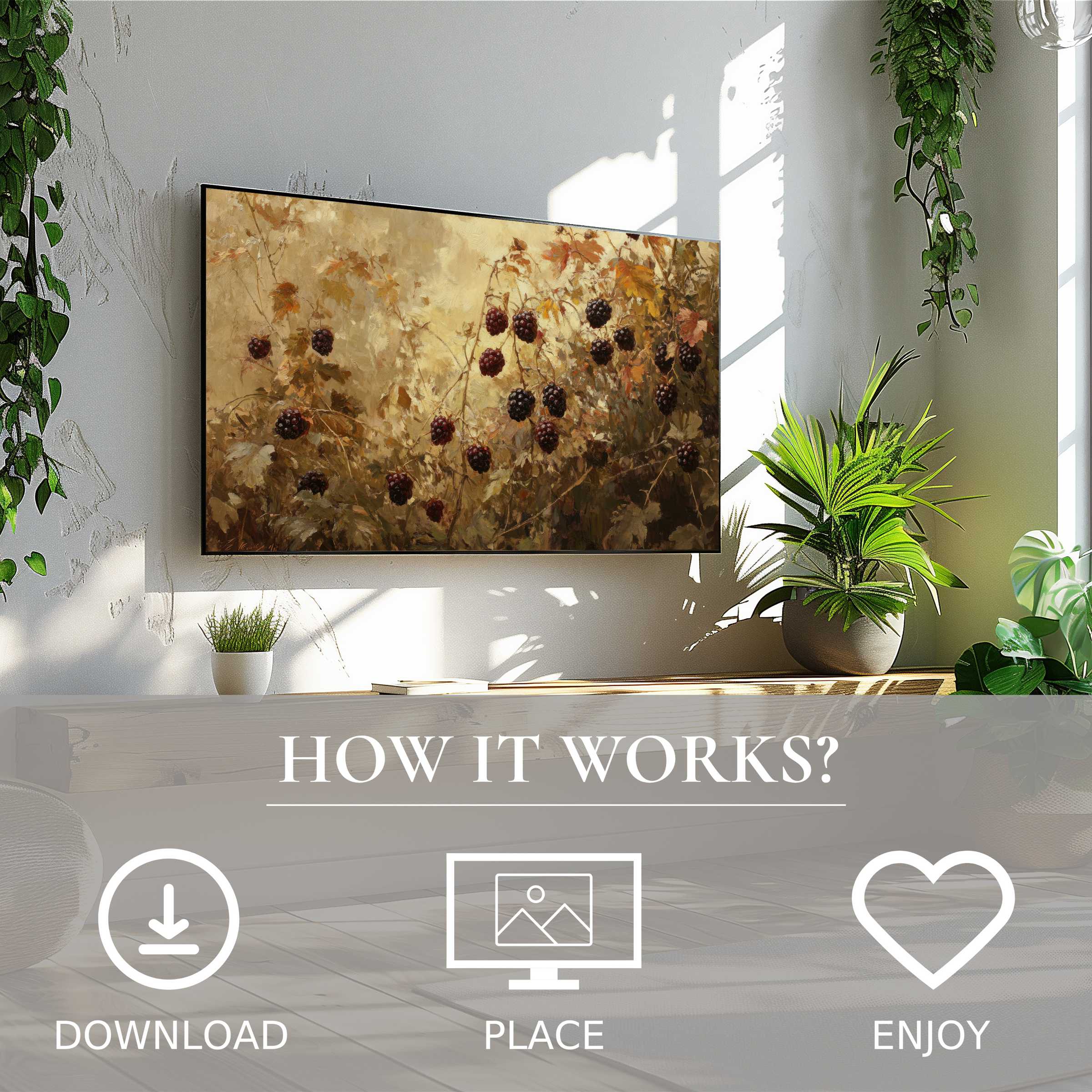 Botanical art for Samsung TV shows warm autumn berries; easy digital download enriches stylish, bright living spaces