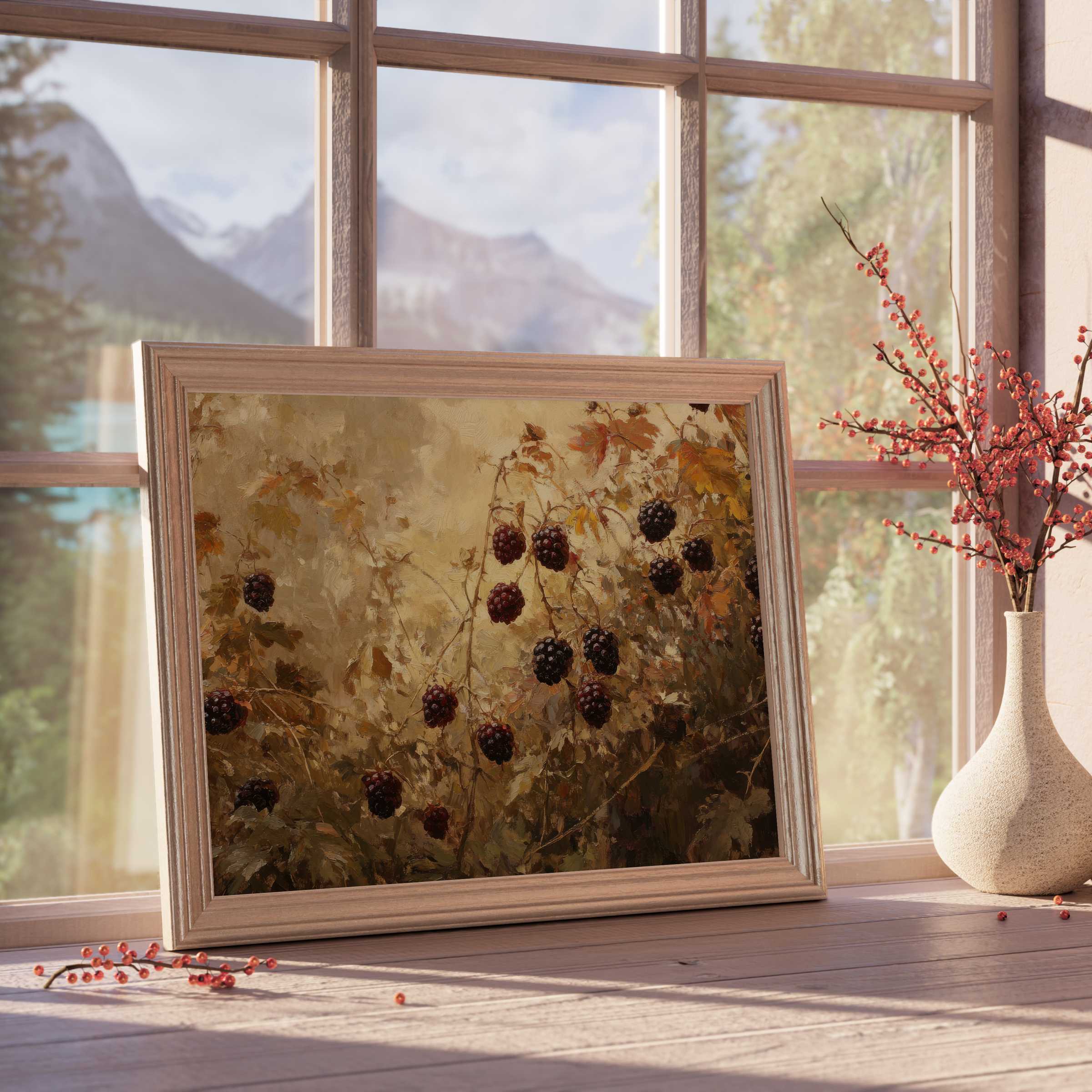 Botanical downloadable art capturing ripe blackberries in warm earthy tones, perfect for curated, tranquil premium interiors