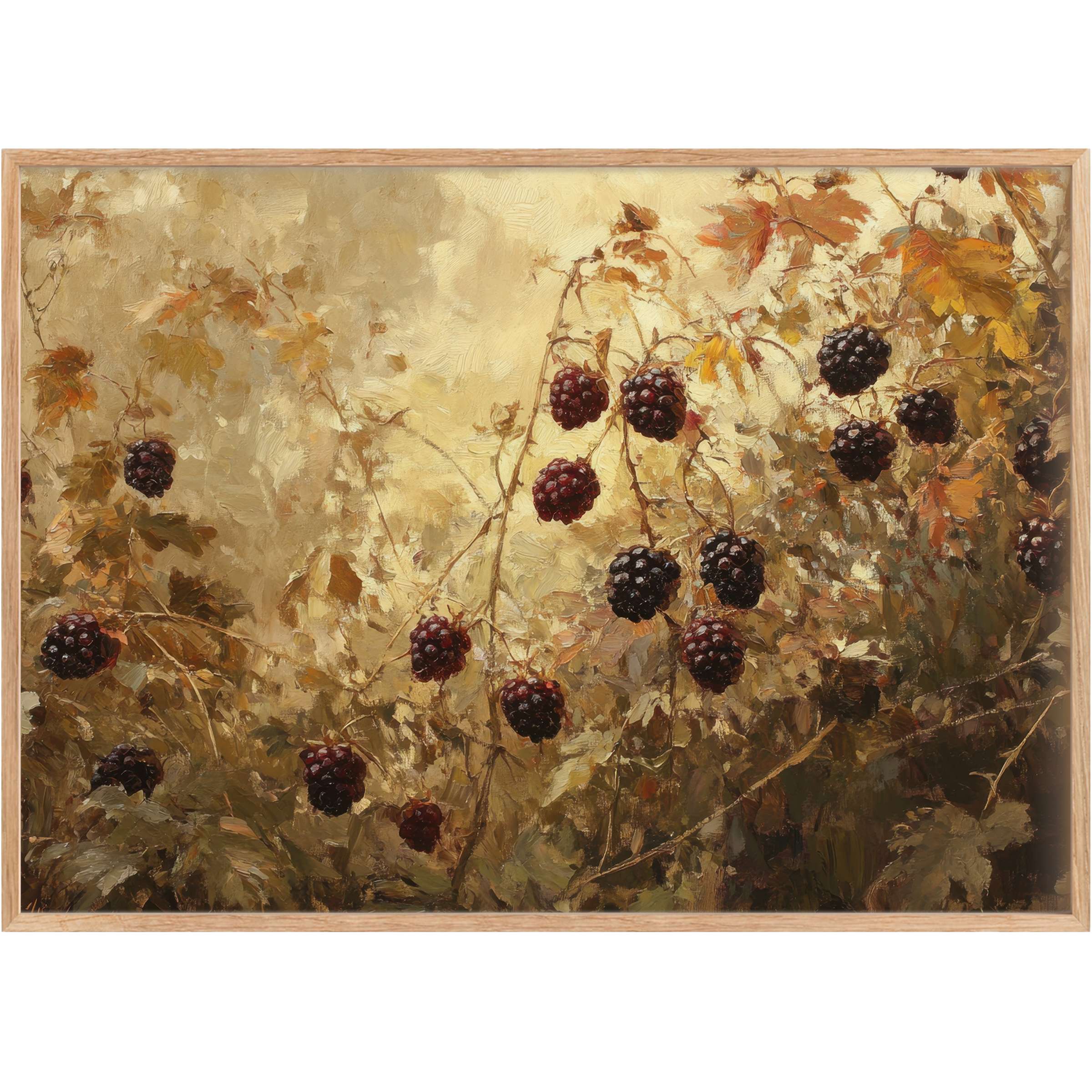 Botanical printable wall art capturing ripe blackberries in warm amber hues, evoking a serene, autumnal tranquility