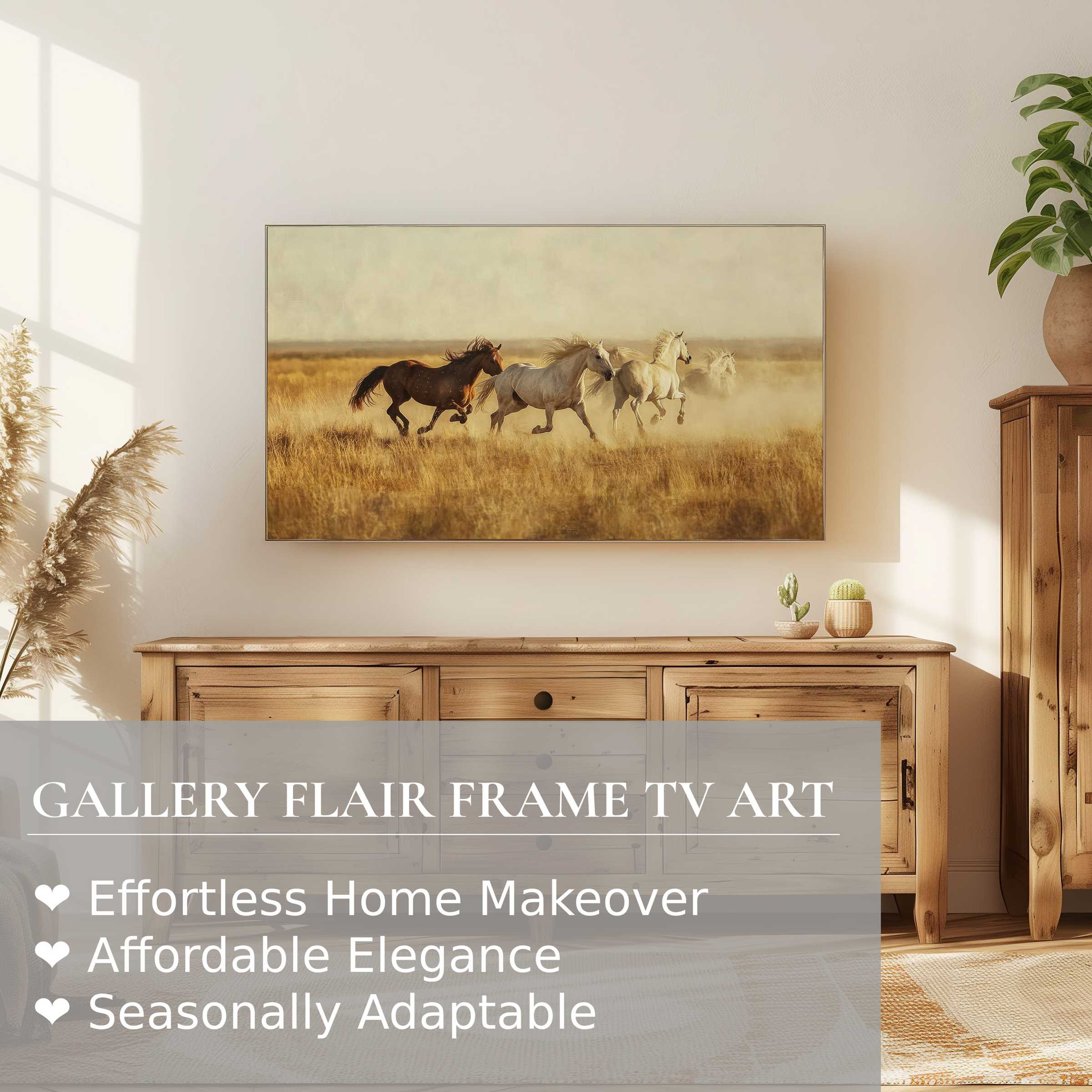 Samsung Frame TV displaying vintage digital artwork of horses in soft, warm tones, perfect for refined home decor