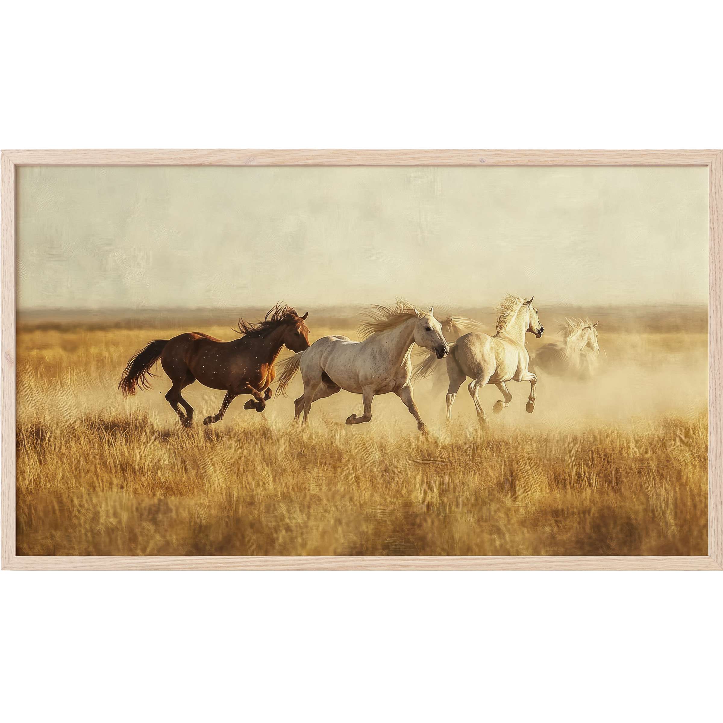 Wild horses galloping through golden fields, dust swirling in soft sepia tones, vintage Frame TV Art