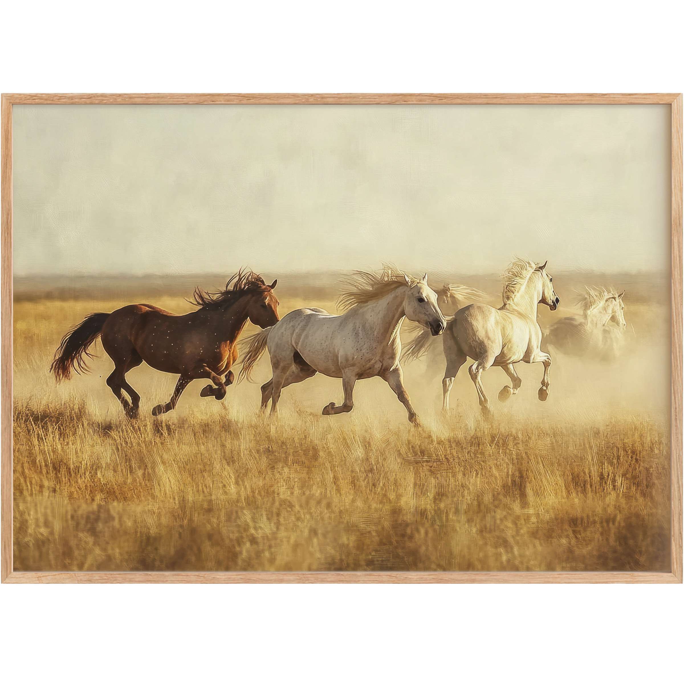 Vintage printable wall art capturing wild horses galloping through golden fields, evoking a radiant, free-spirited ambiance