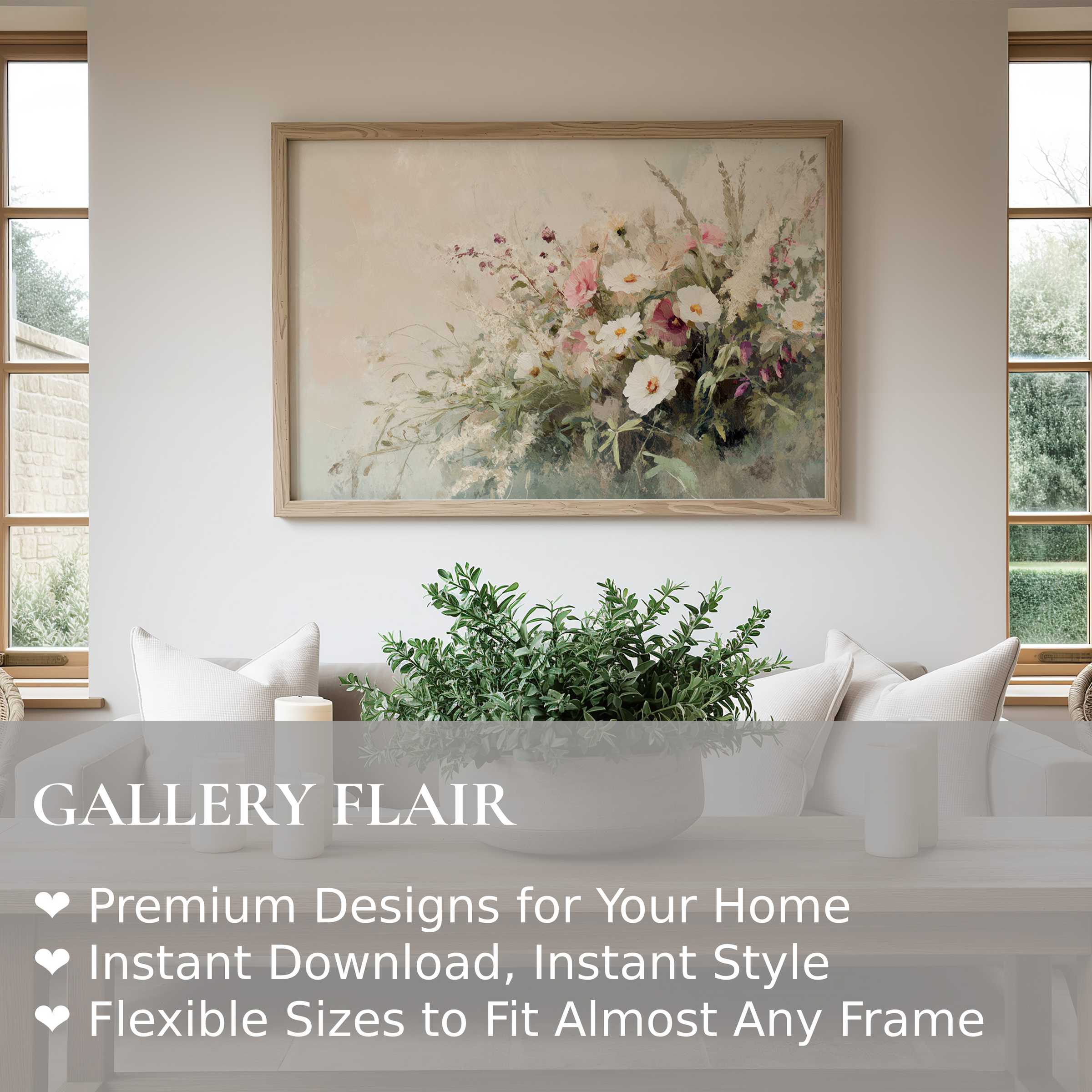 Farmhouse wall art print with soft floral composition in muted tones, enhancing serene modern rustic interiors with timeless elegance