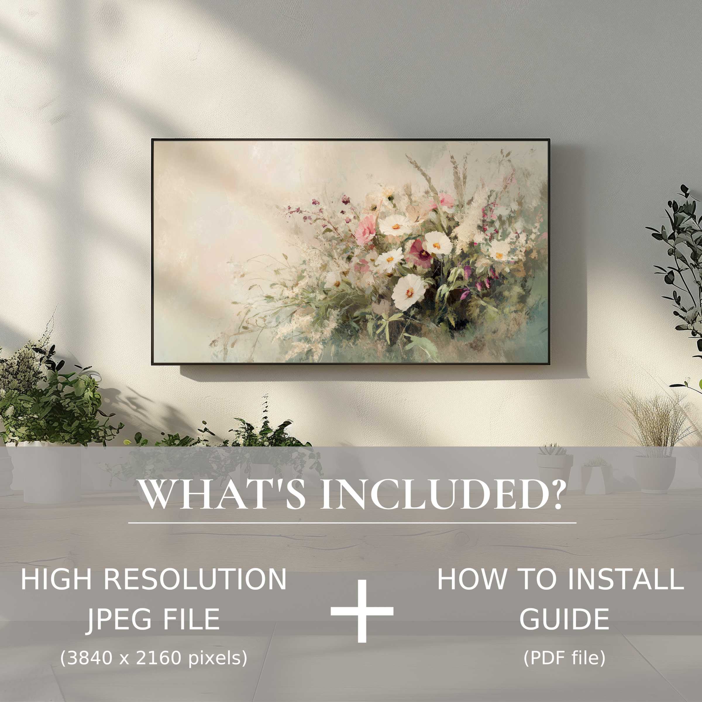 Elegant farmhouse digital TV art download featuring floral decor, easy digital use enhancing your stylish living space