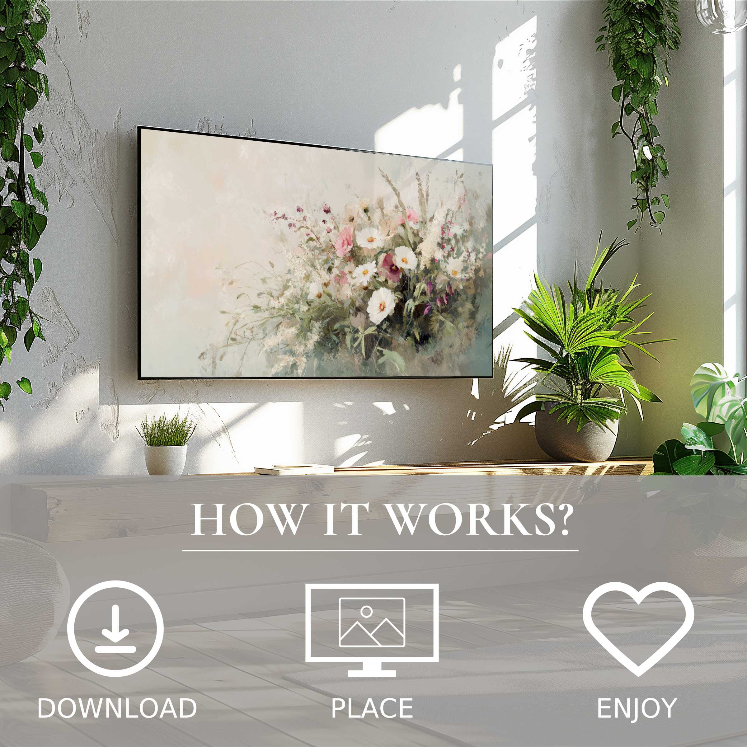 Farmhouse art for Samsung TV shows soft floral tones on The Frame, easy digital download enriches modern living spaces