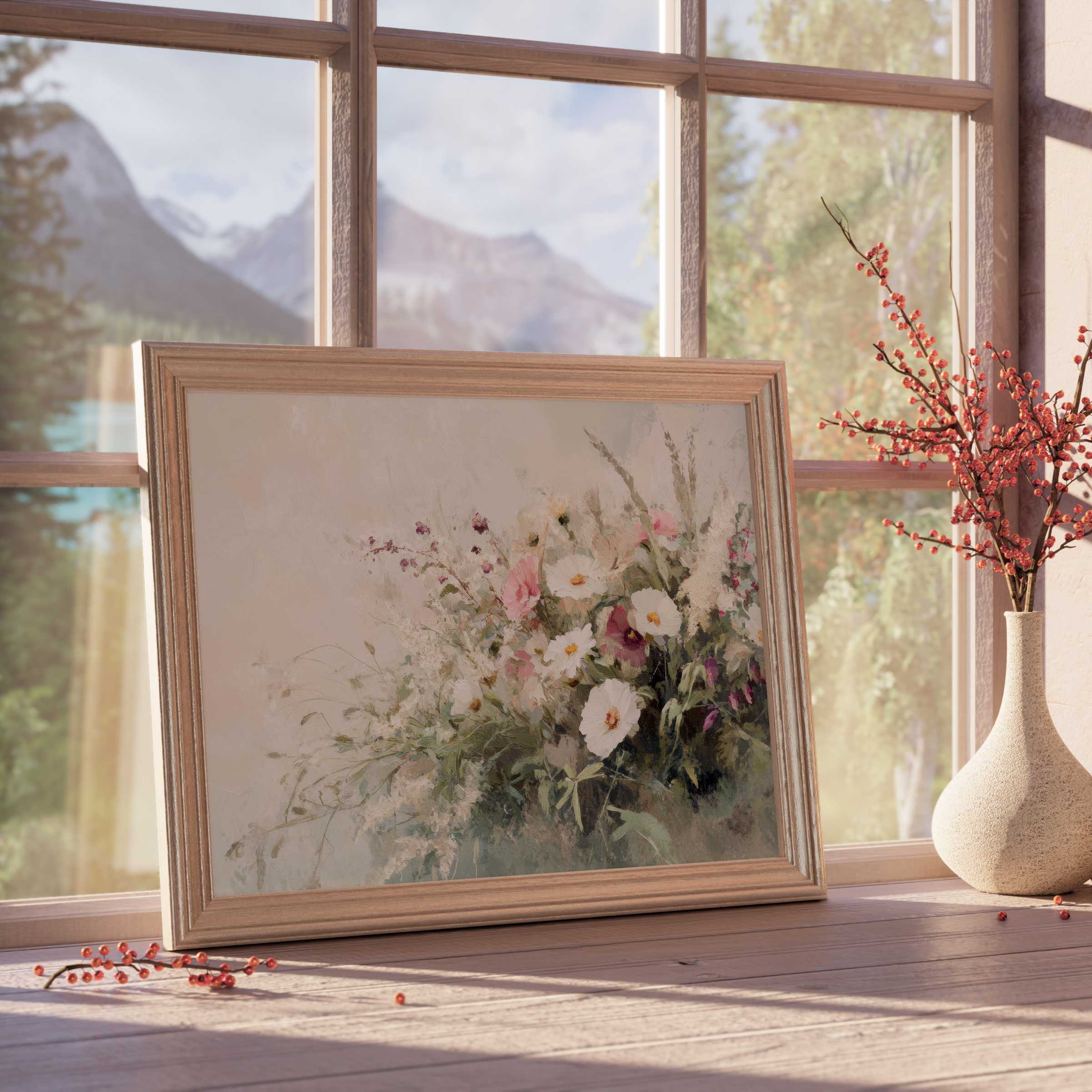 Farmhouse downloadable art with delicate floral elegance, enhancing serene, curated spaces with timeless charm and soft natural light