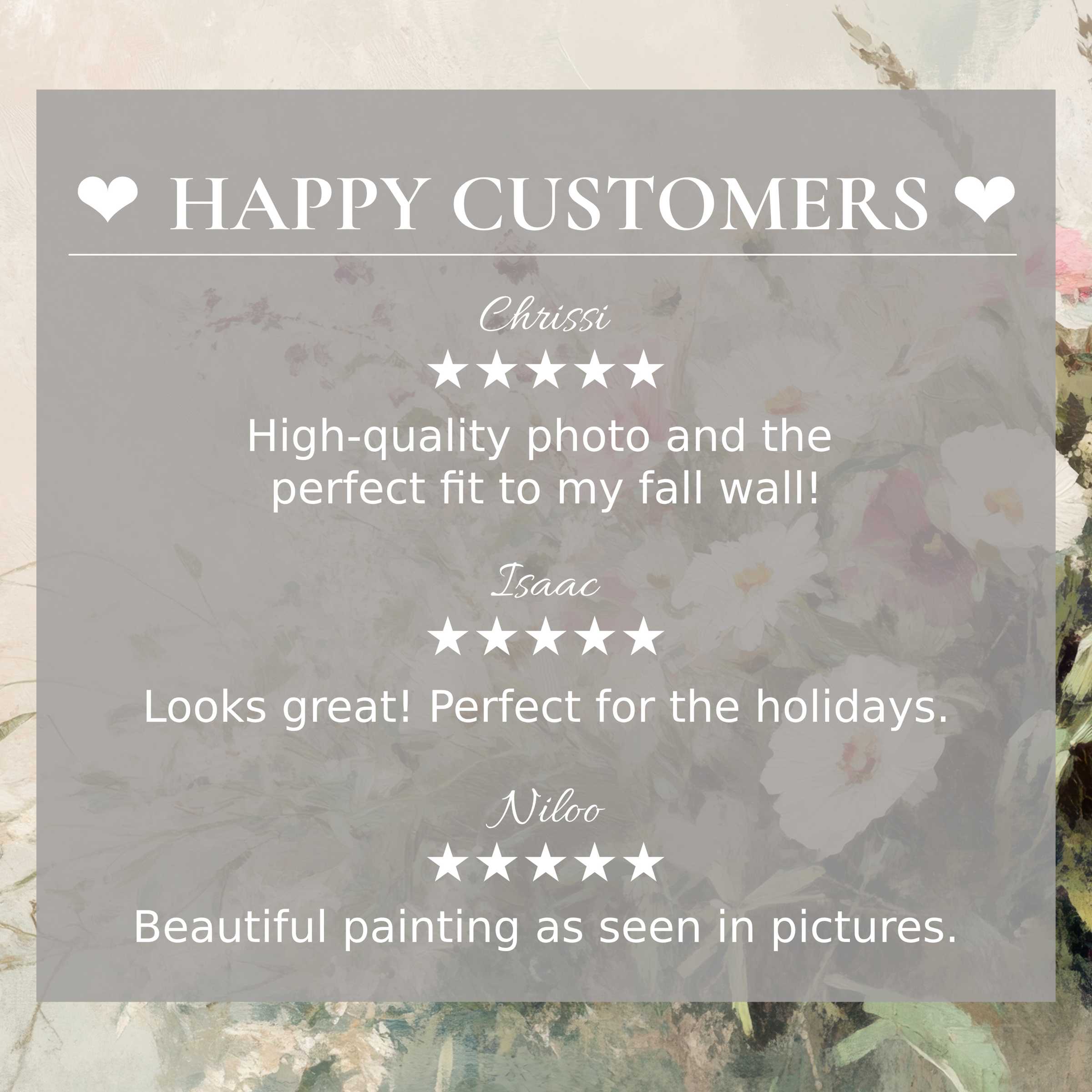 Farmhouse art for Frame TV with floral backdrop, showcasing happy customer reviews for an elegant, trustworthy aesthetic