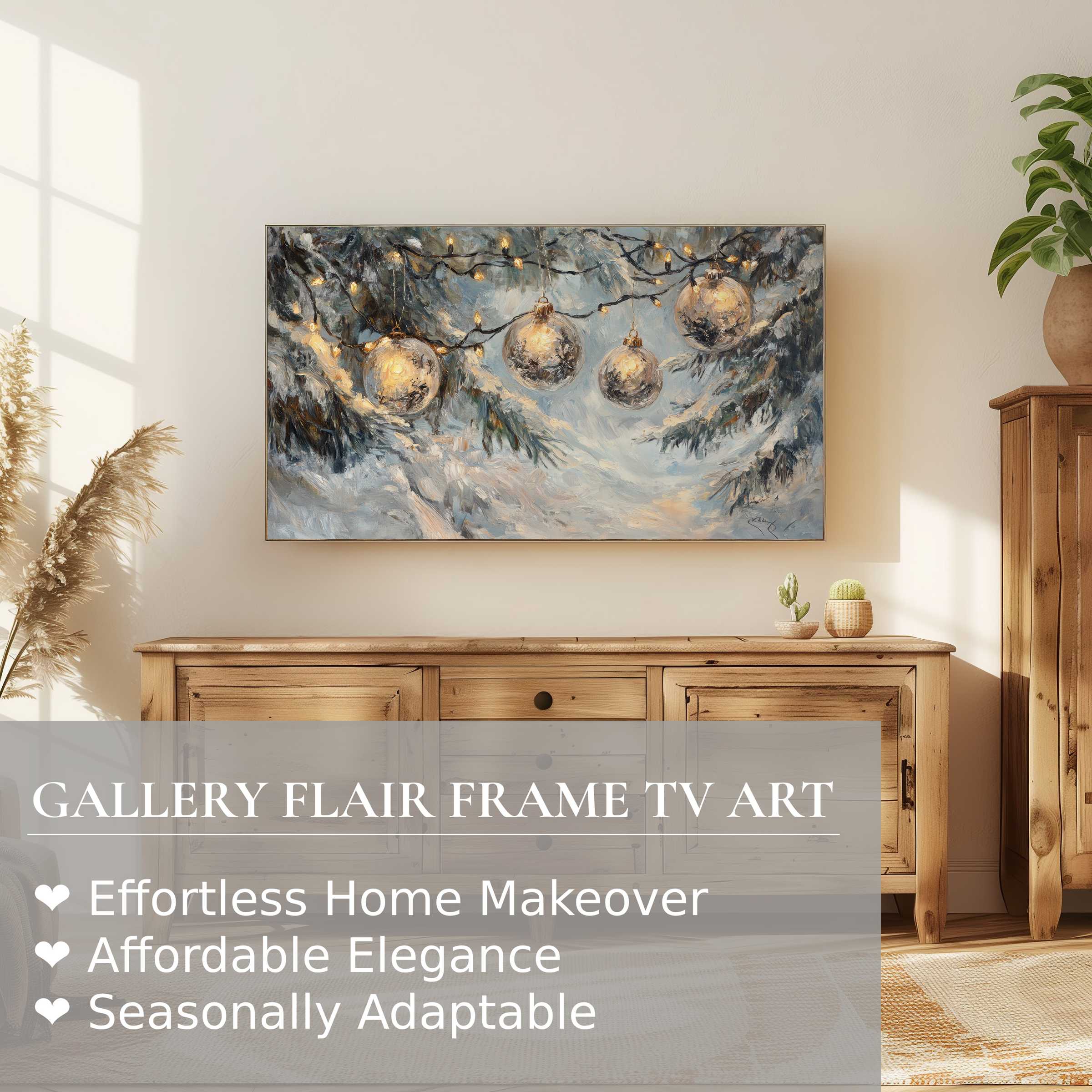Samsung Frame TV displays a chic, cozy winter scene with glowing ornaments in refined christmas digital artwork style