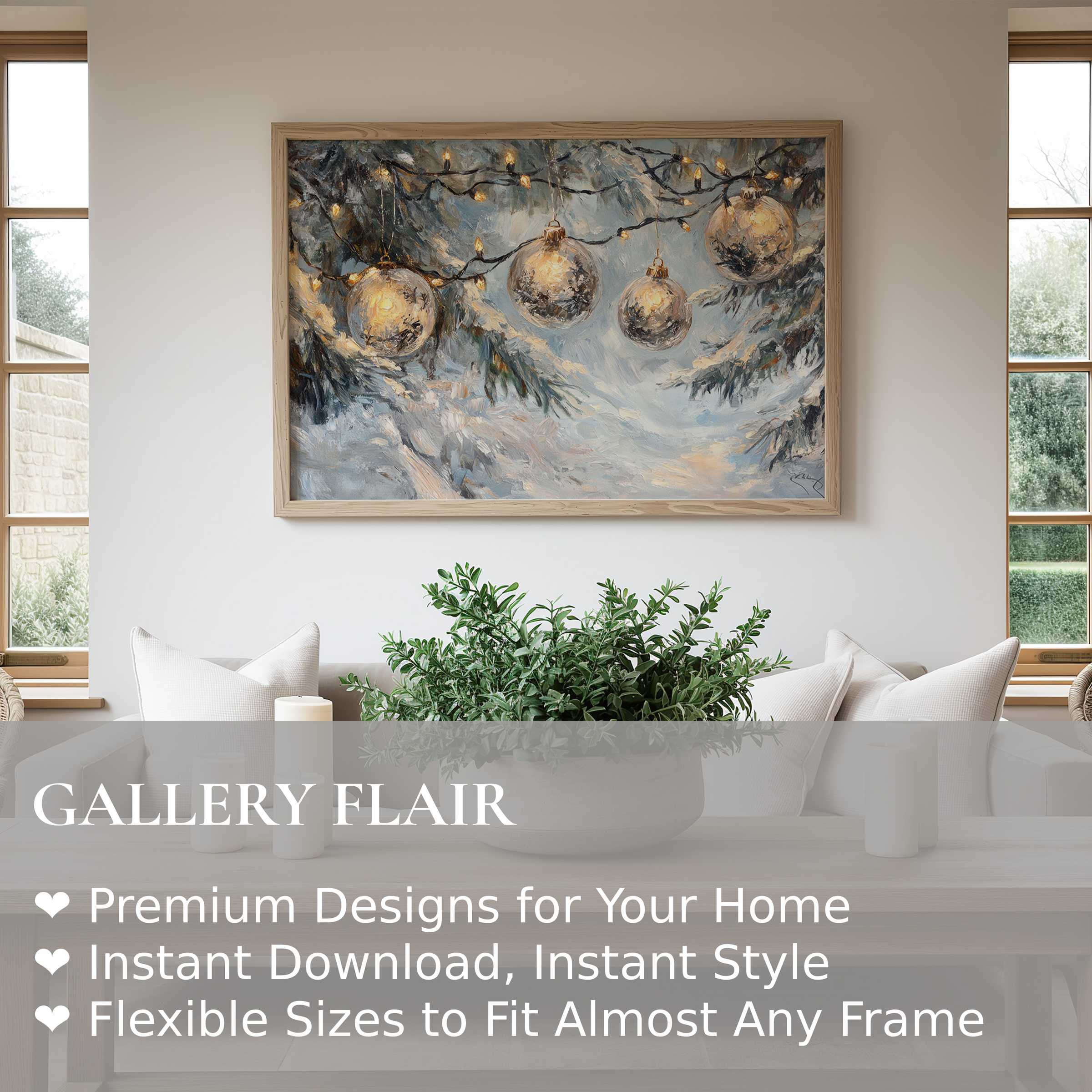 Elegant Christmas wall art print featuring glowing ornaments amid snow-laden branches, enhancing modern minimalist interiors with radiant, festive warmth and refined holiday charm