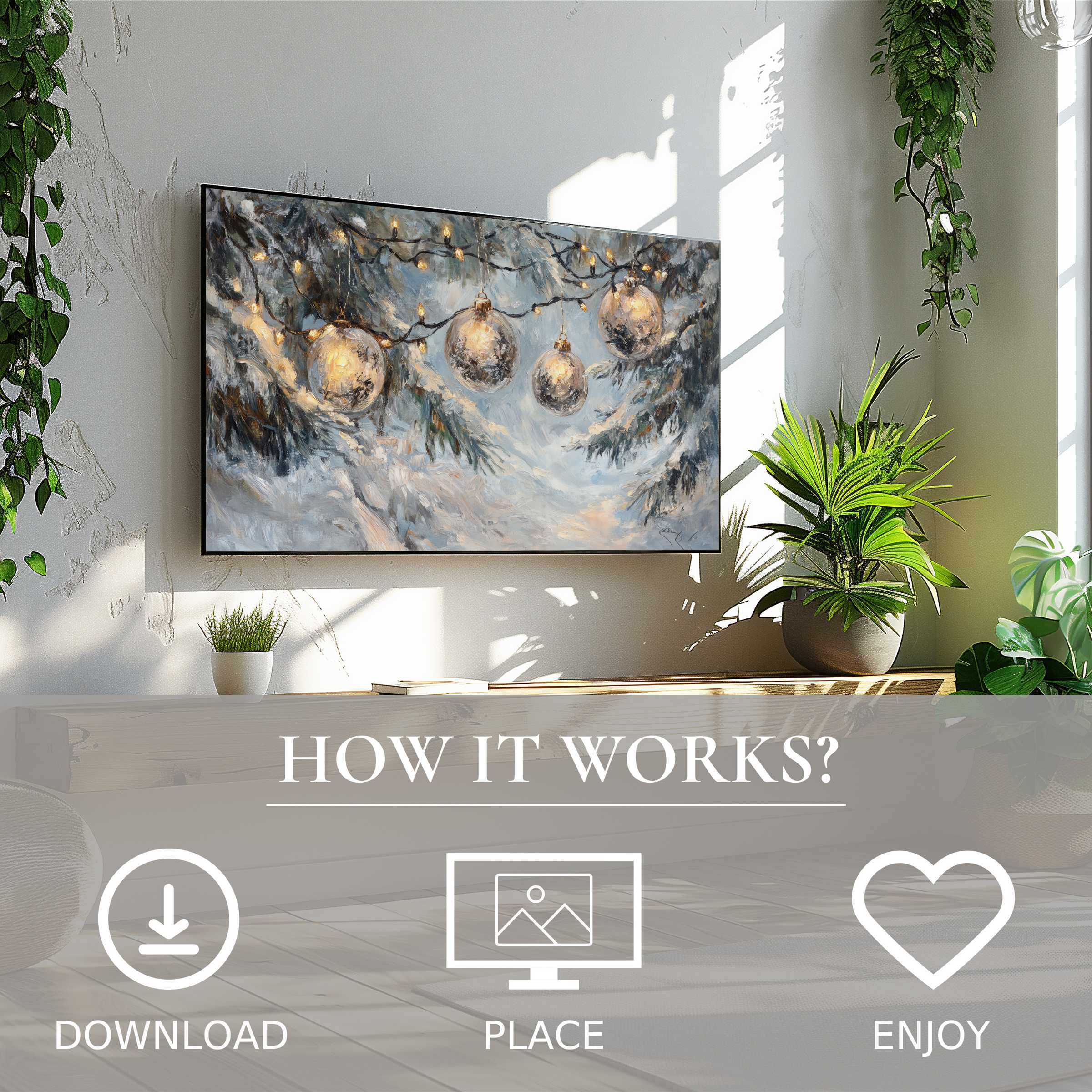 Modern living room with easy digital download, christmas art for Samsung TV; abstract winter glow, soft light flow motif