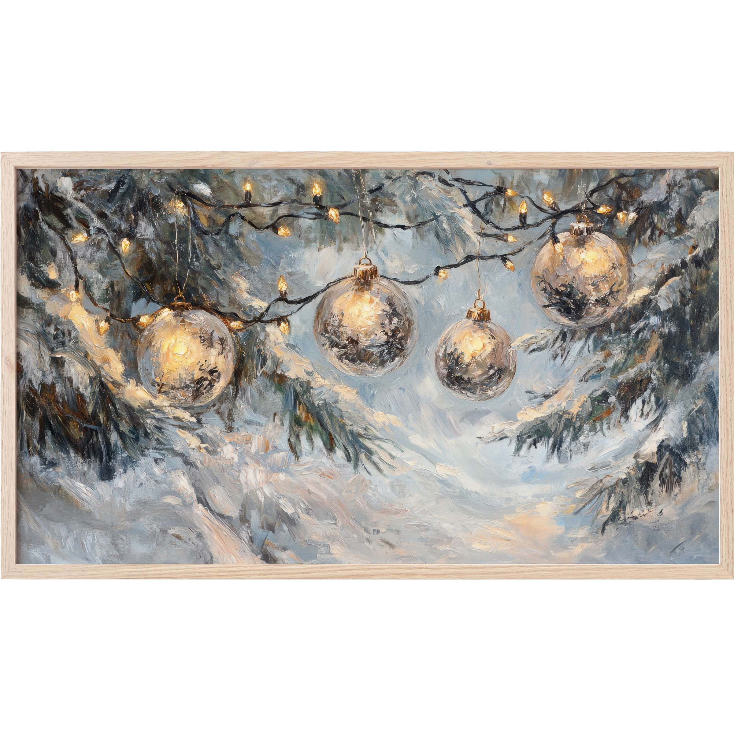 Elegant winter scene with glowing gold ornaments and snowy pine branches in soft blues, perfect christmas Frame TV Art