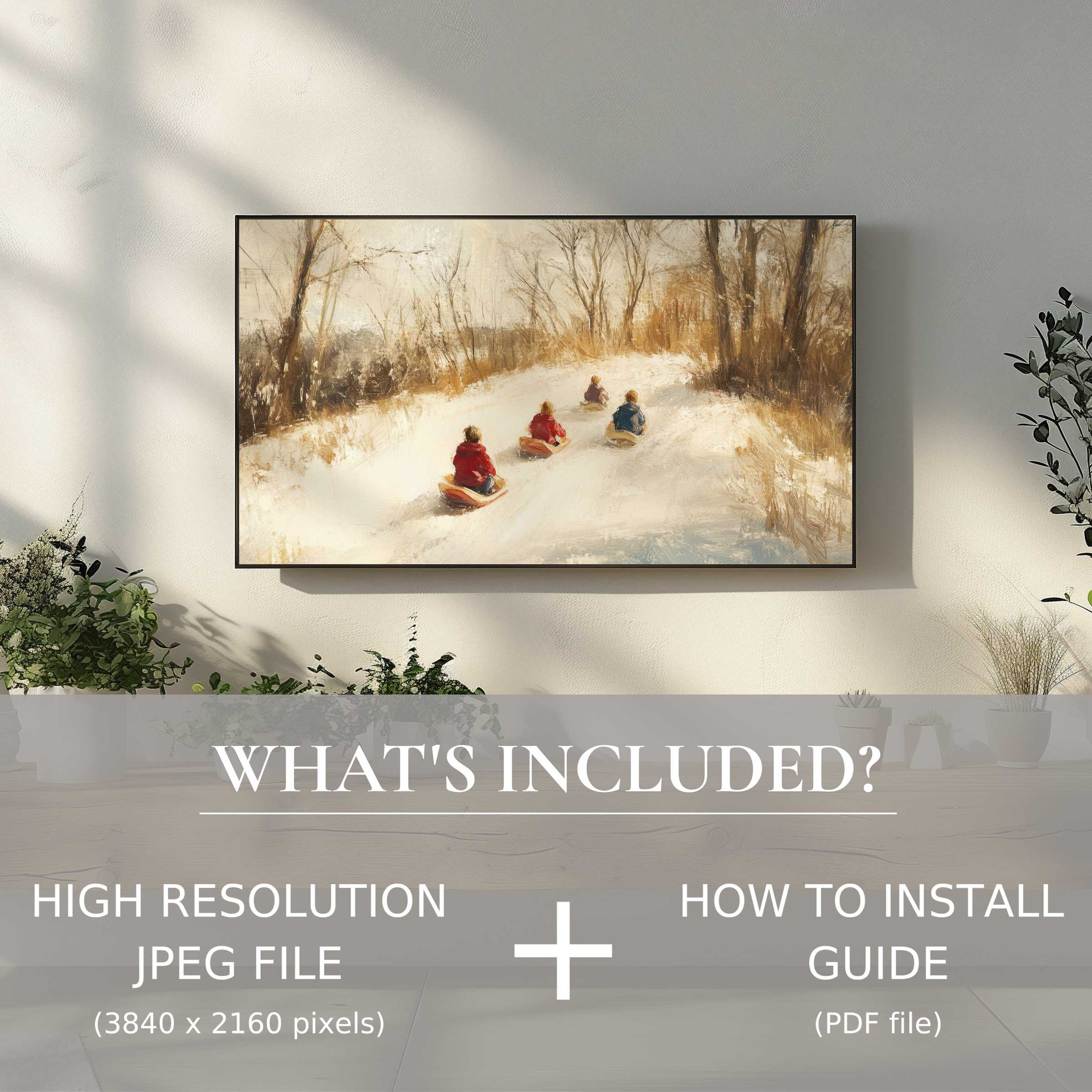 Winter digital TV art download enhances modern living spaces with easy, high-res use showcasing serene sledding scene