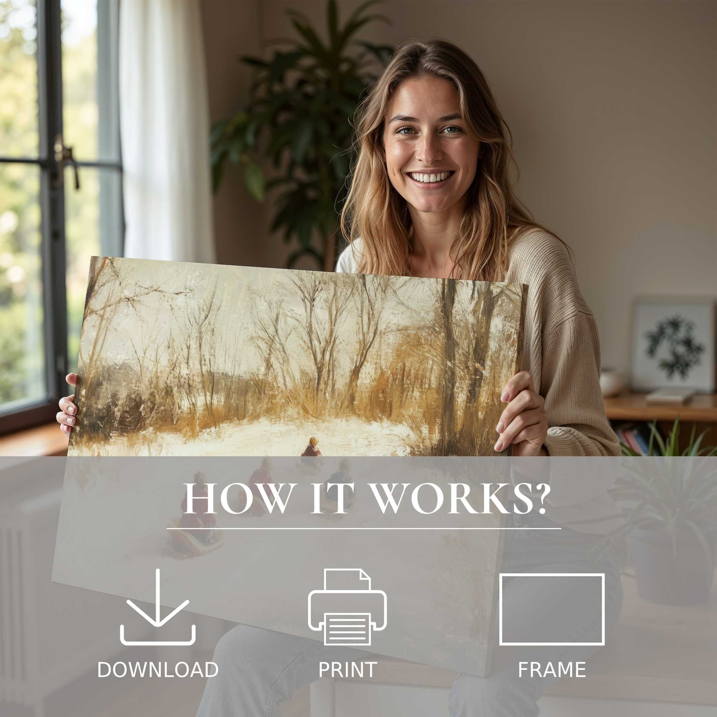 Refined winter digital art print brings warmth and joy to a serene modern home, inspiring effortless living with art