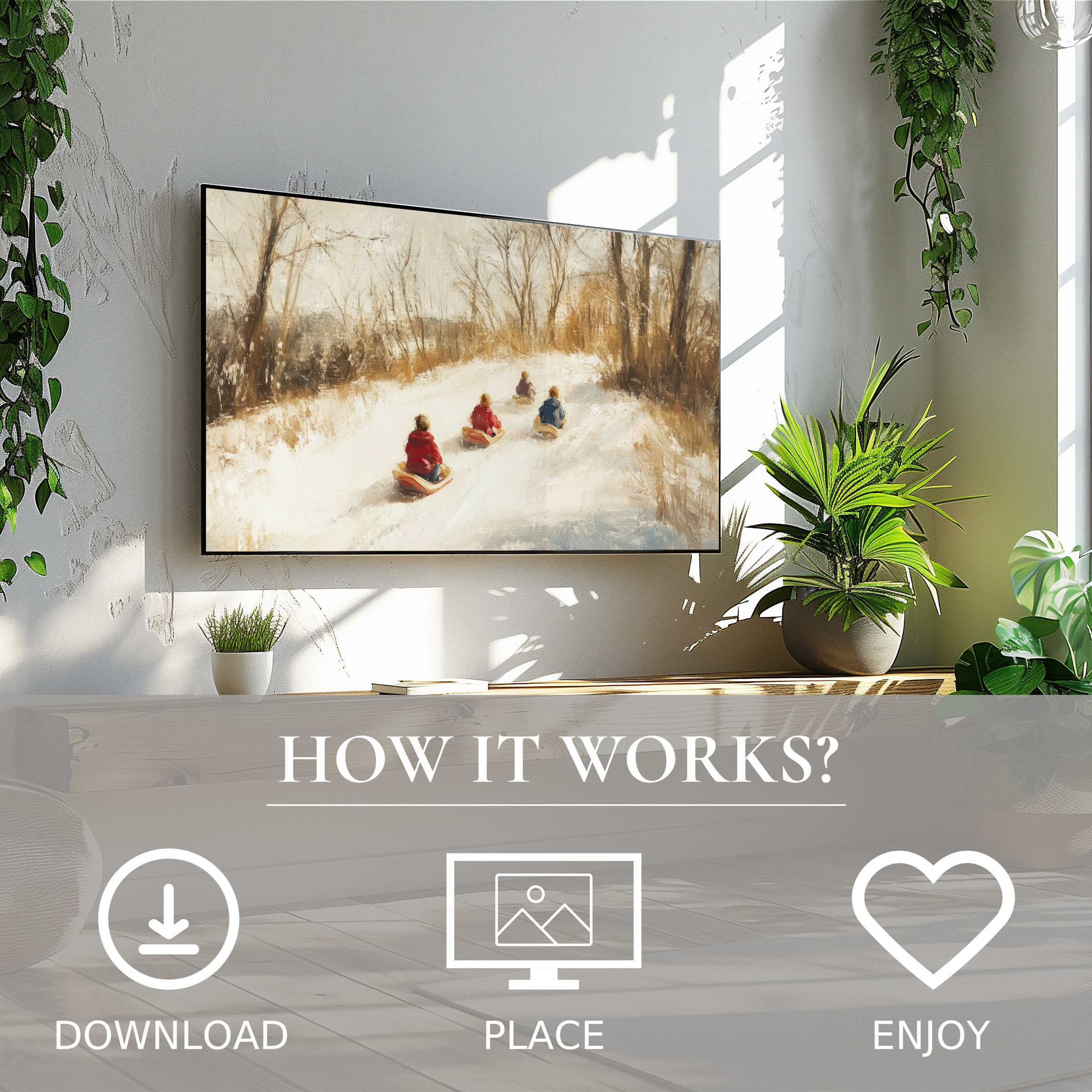 Winter art for Samsung TV shows children sledding in soft sunset tones; easy digital download enriches modern living spaces