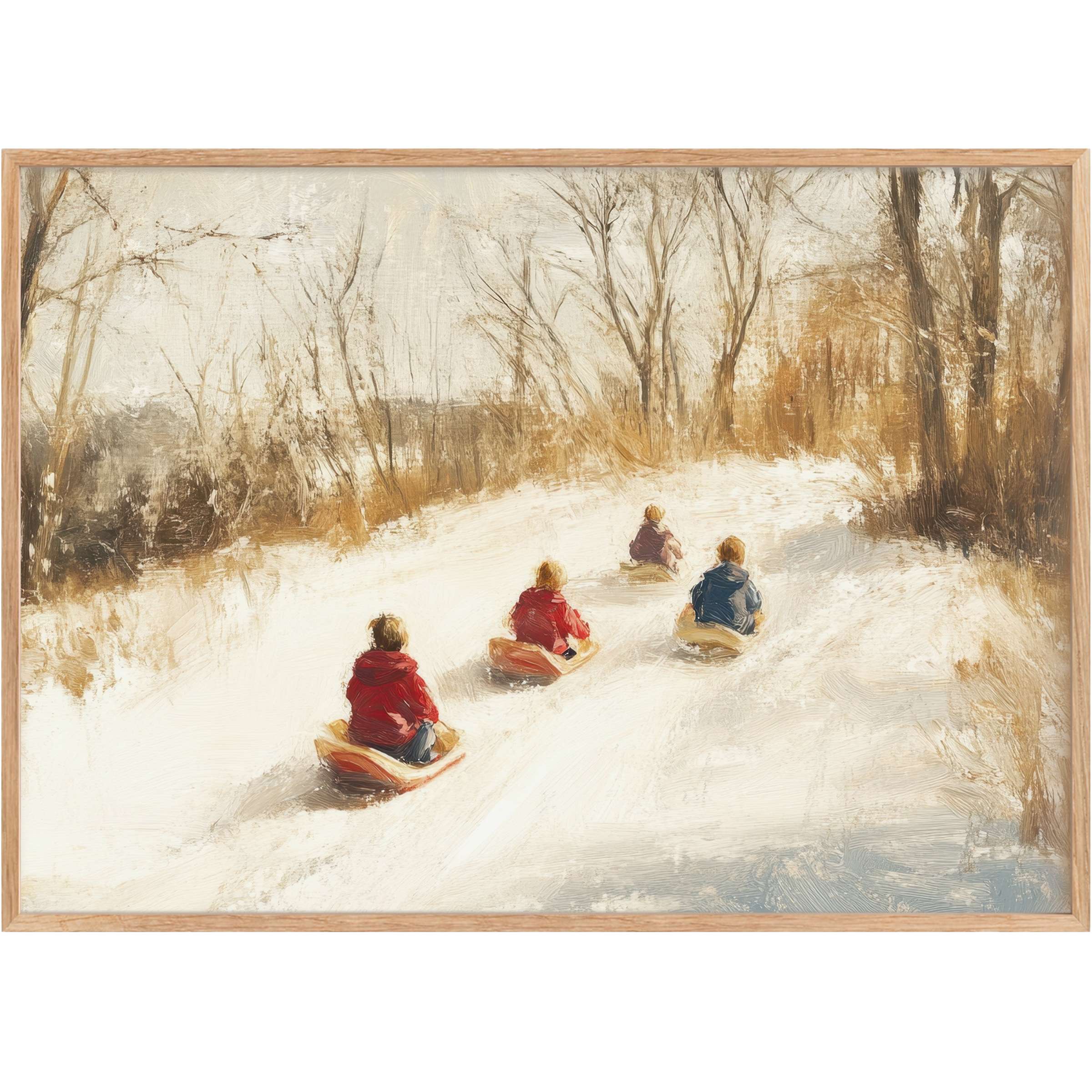Winter printable wall art capturing joyful sledding in muted whites and warm browns, evoking nostalgic warmth and serene playfulness