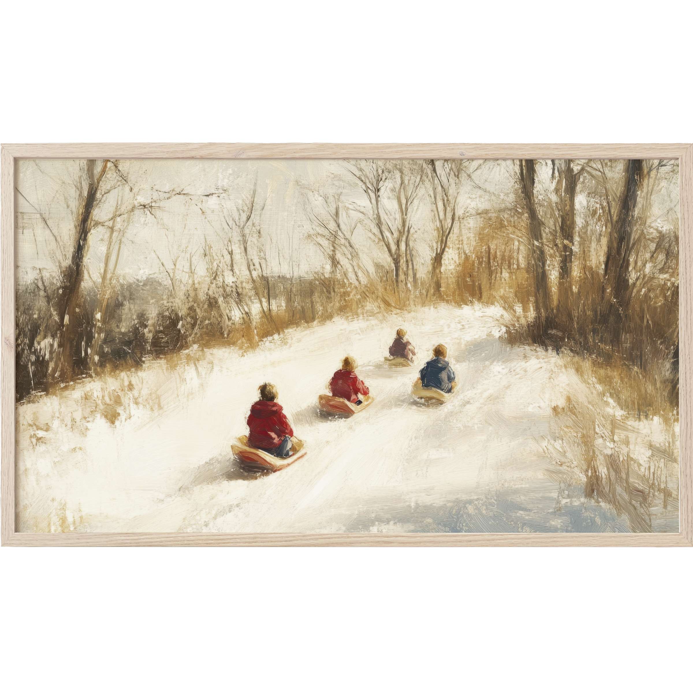 Winter Frame TV Art depicting children sledding down a snowy path in muted earth tones and soft brushstrokes