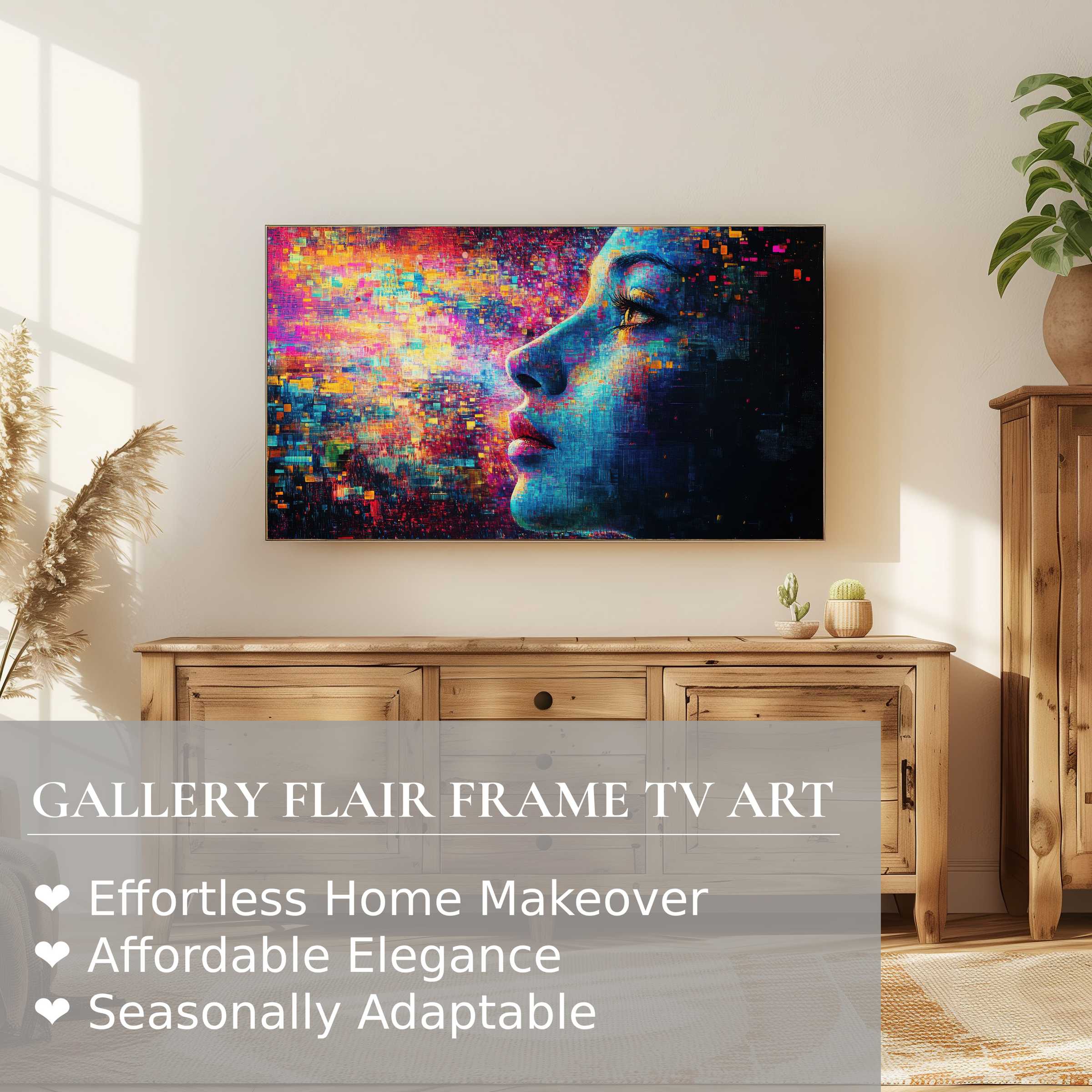 Samsung Frame TV showcasing vibrant, modern digital artwork in a serene, elegant living room setting