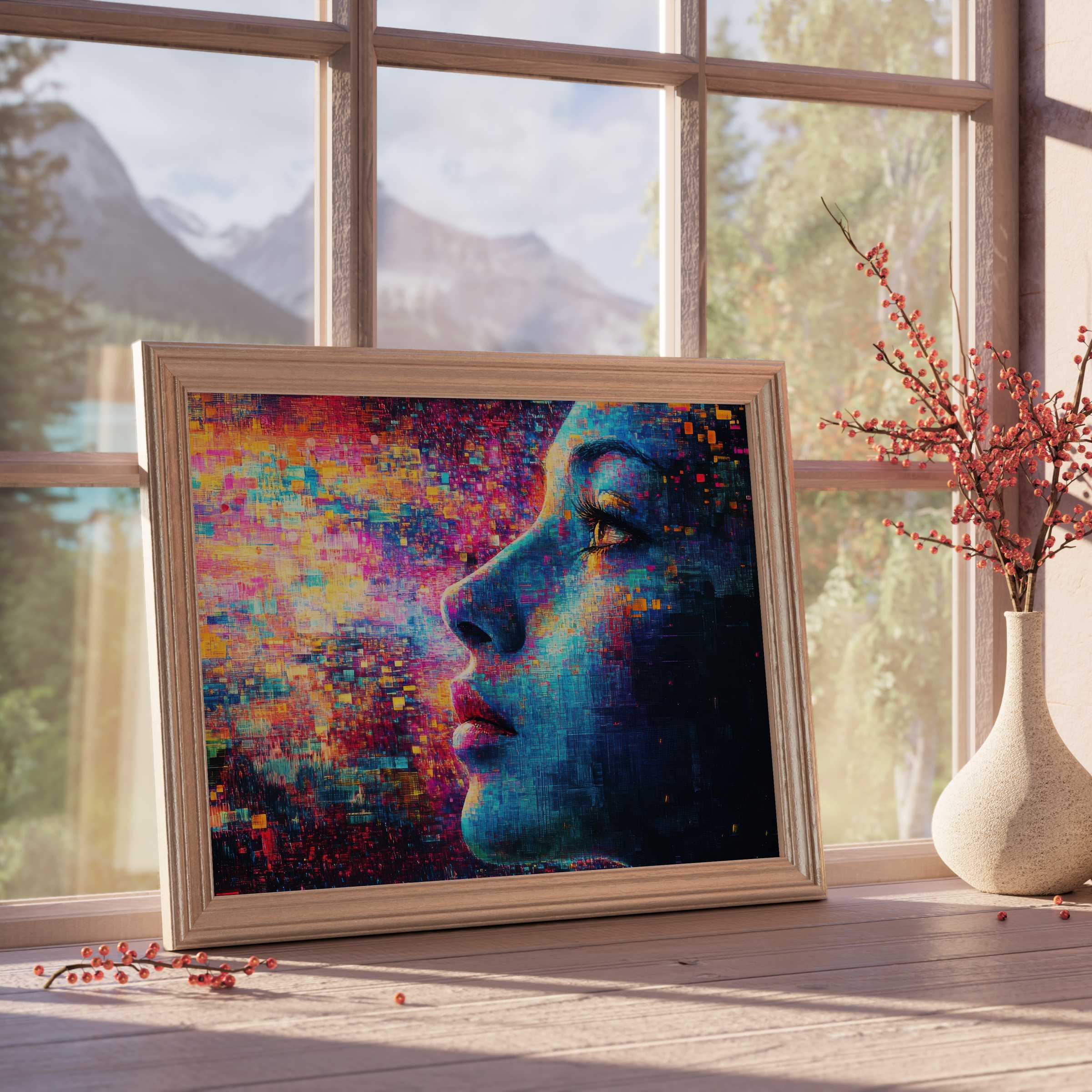 Modern downloadable art featuring a vibrant, contemplative portrait in rich indigo and warm hues, elevating serene, design-forward living spaces