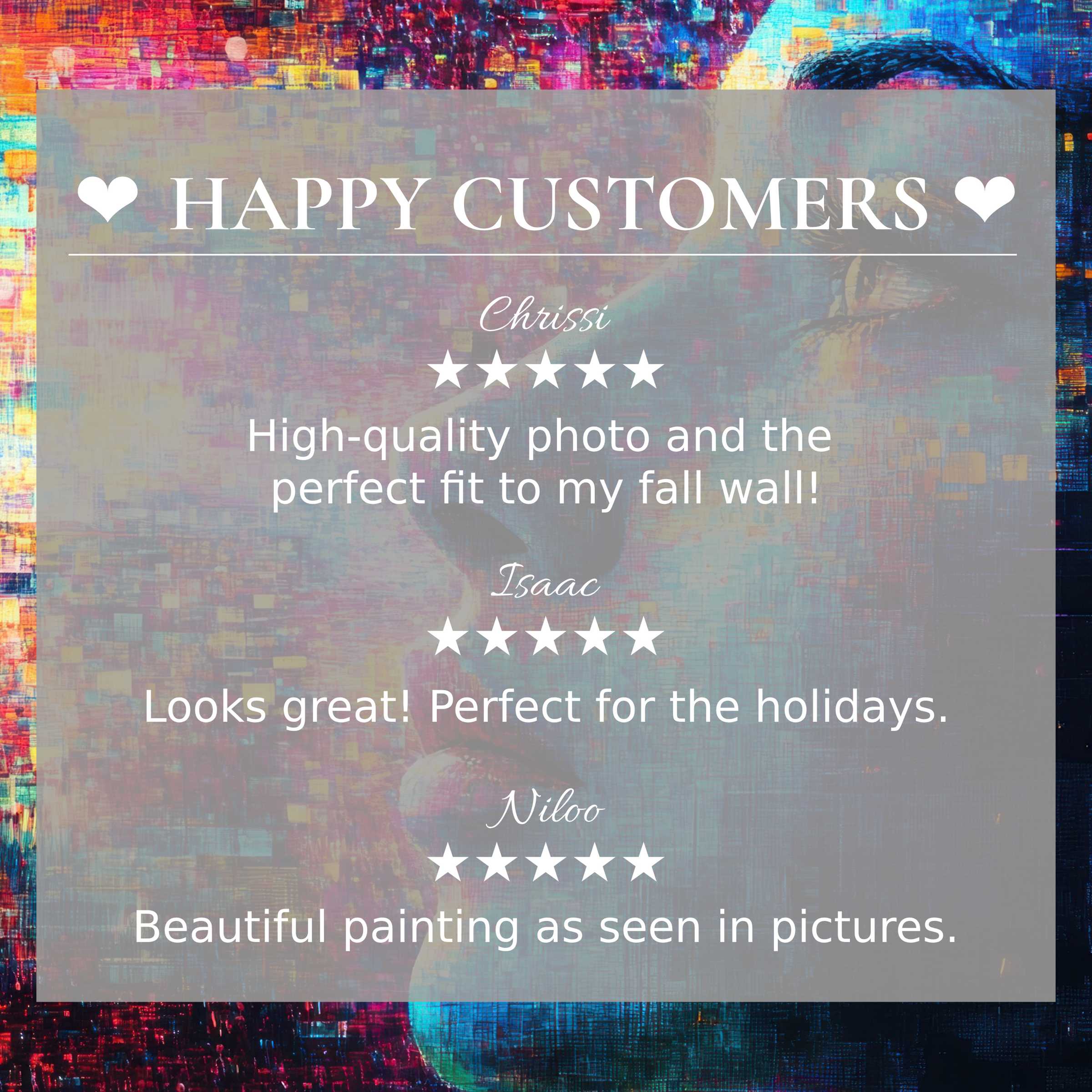 Modern art for Frame TV with abstract sunset hues, showcasing happy customer praise and elegant, trust-building design
