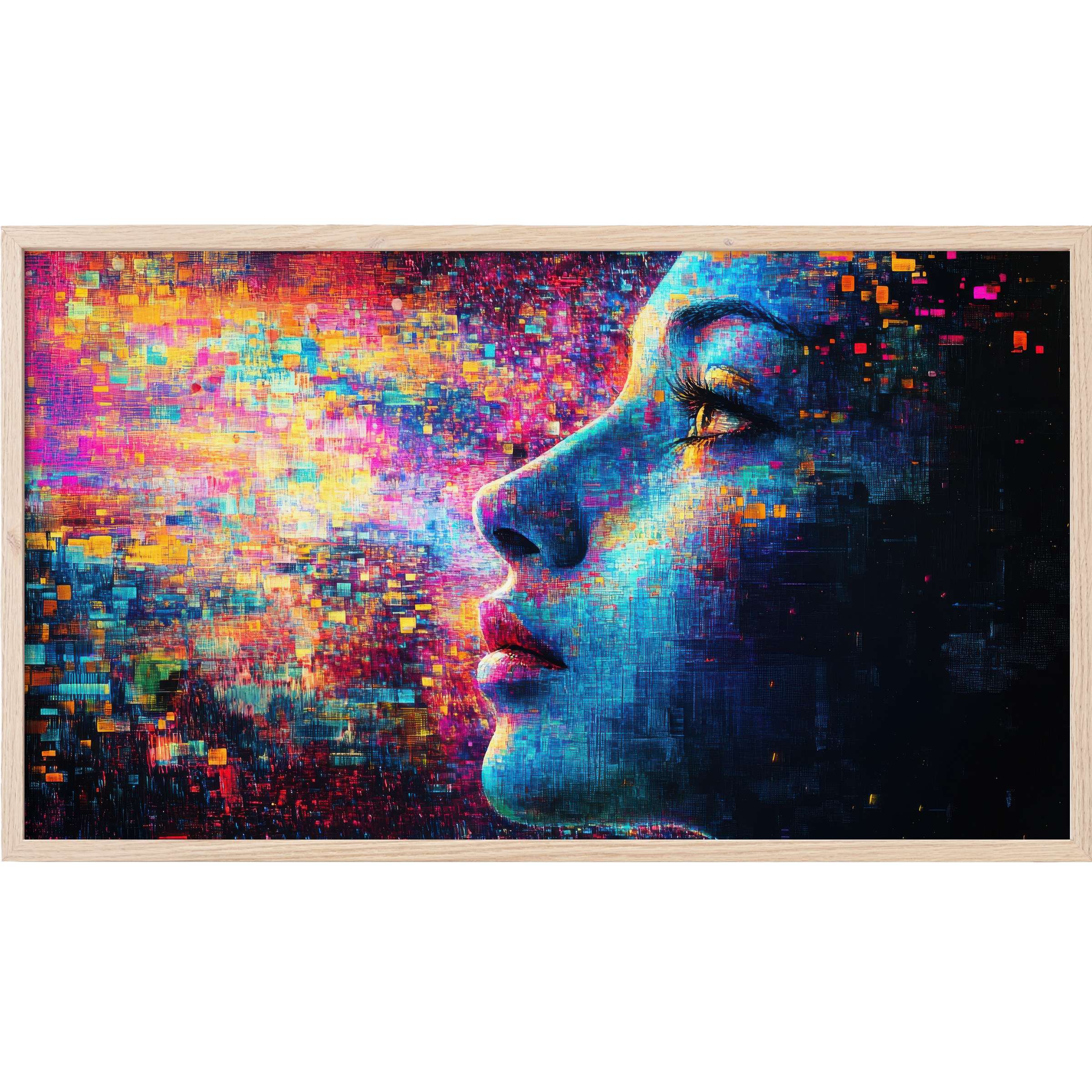 Vivid digital portrait in blues and neon hues with pixelated texture, perfect modern Frame TV Art for stylish interiors