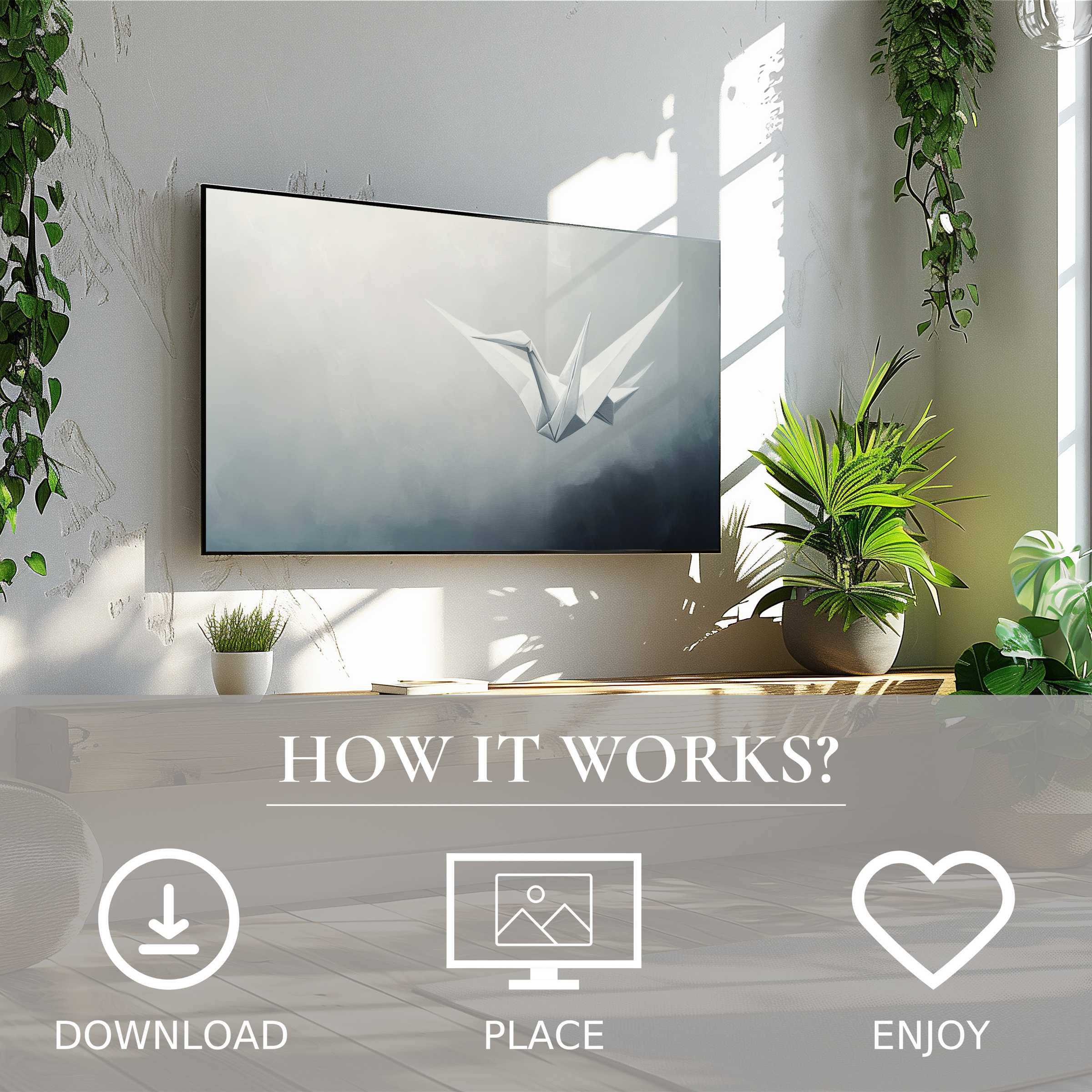Minimalist art for Samsung TV shows soft misty tones and origami bird, easy digital download enhances sleek modern spaces