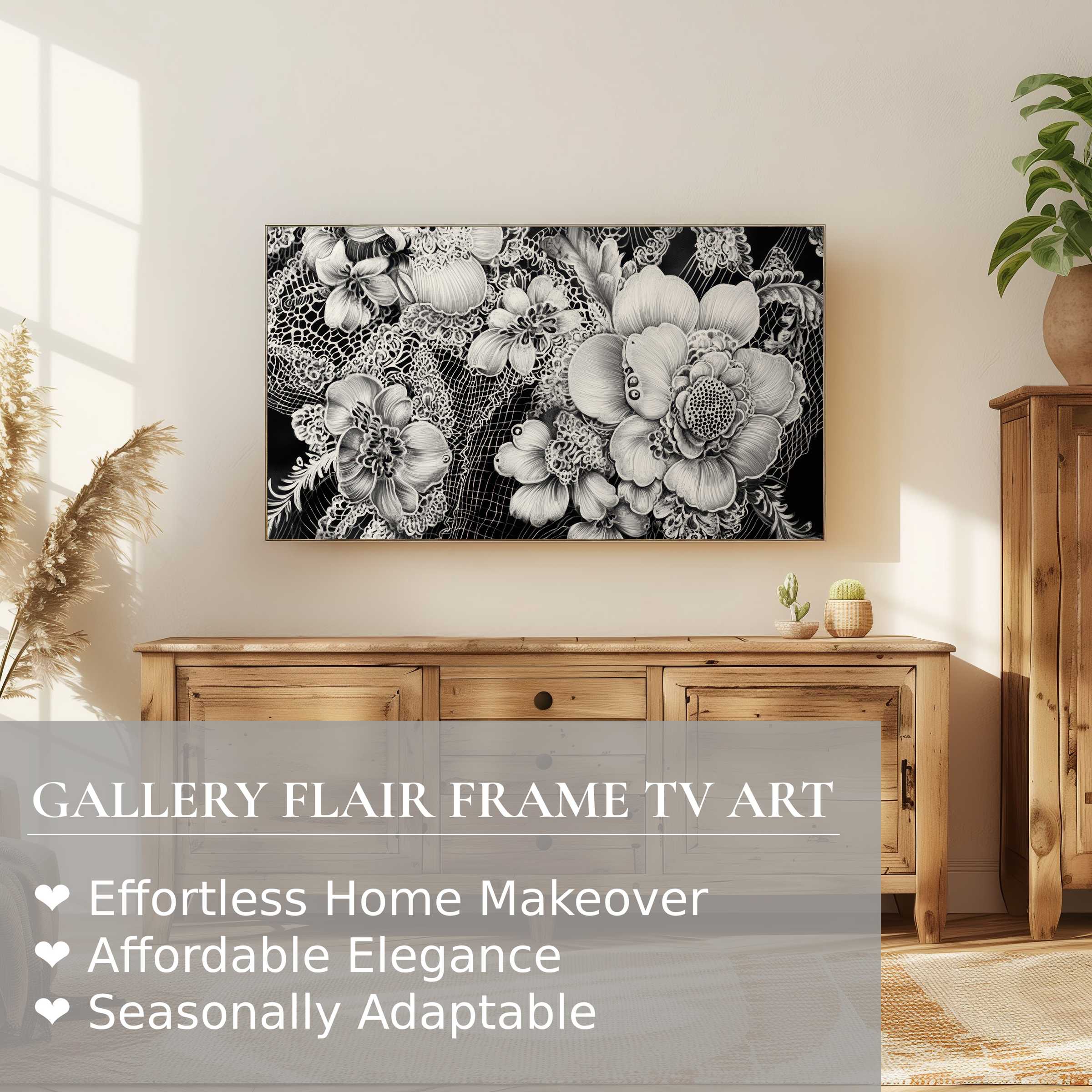 Samsung Frame TV displaying intricate black and white digital artwork, enhancing elegant, modern home decor