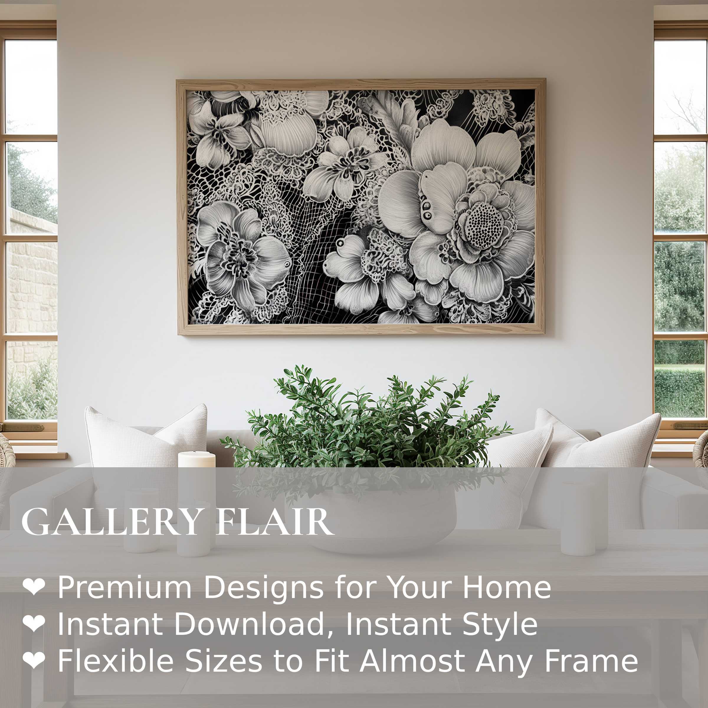 Black and white wall art print showcasing intricate floral patterns with a bold, elegant presence in a serene modern living room