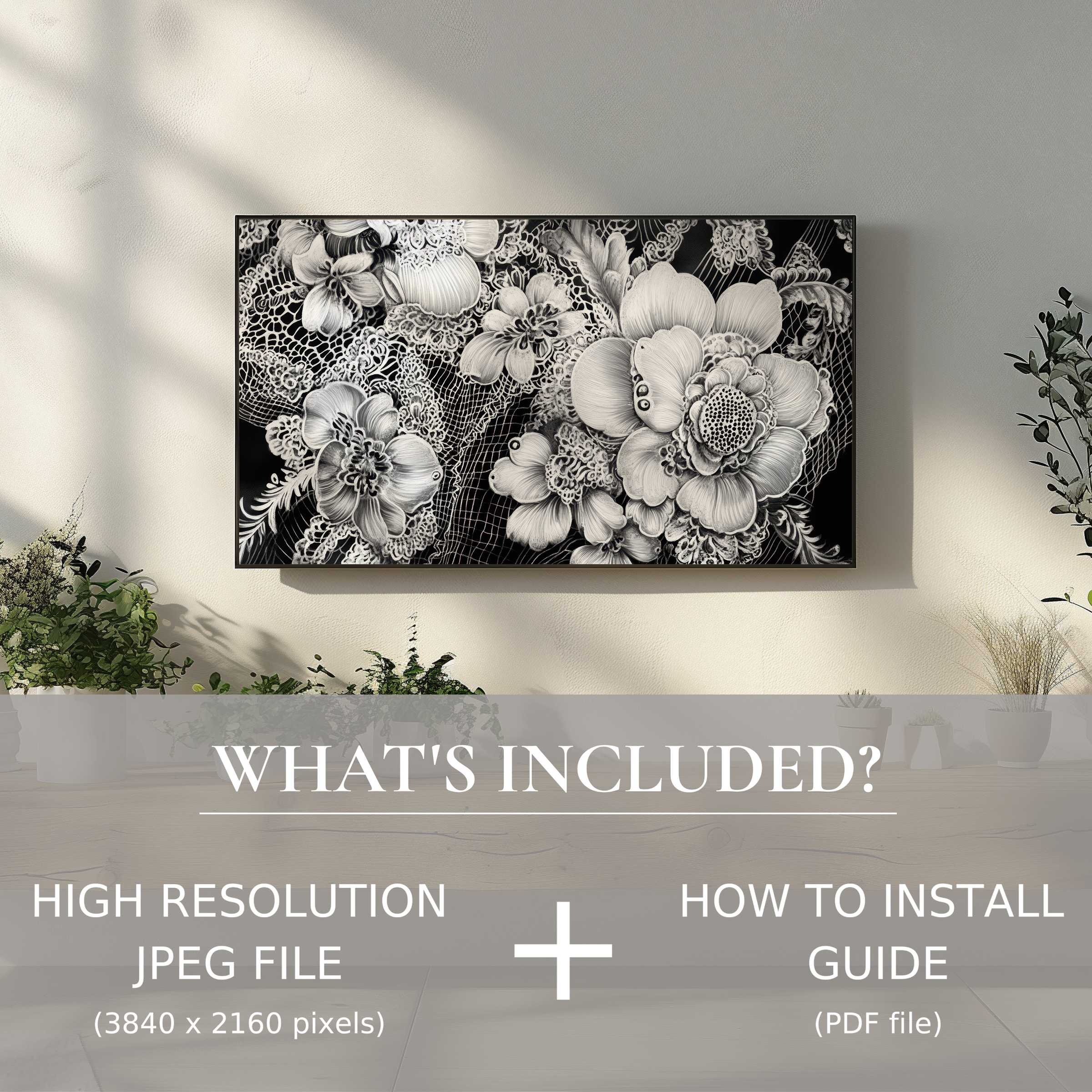 Elegant black and white digital TV art download of floral design, enhancing living spaces with easy digital use