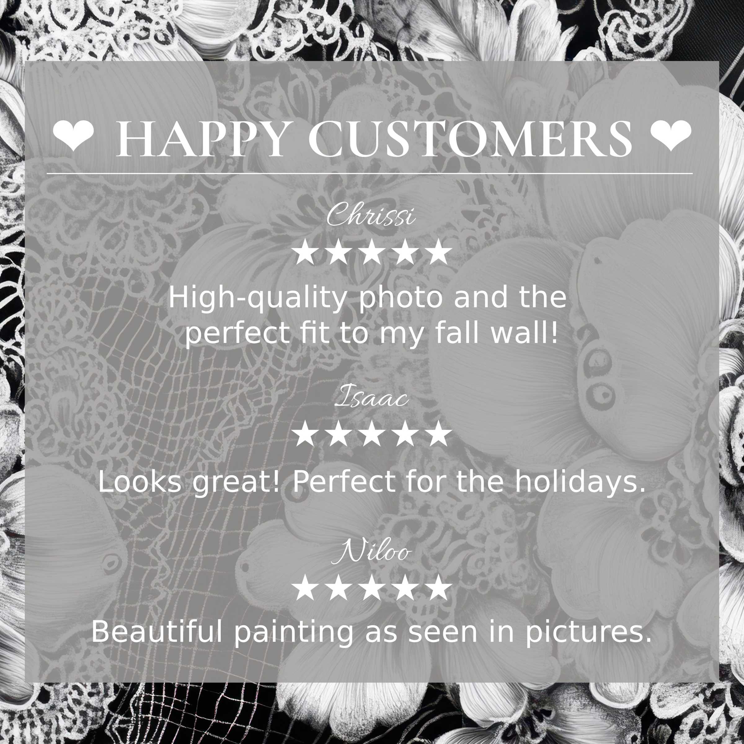 Black and white art for Frame TV with floral background, showcasing happy customer reviews and refined style appeal