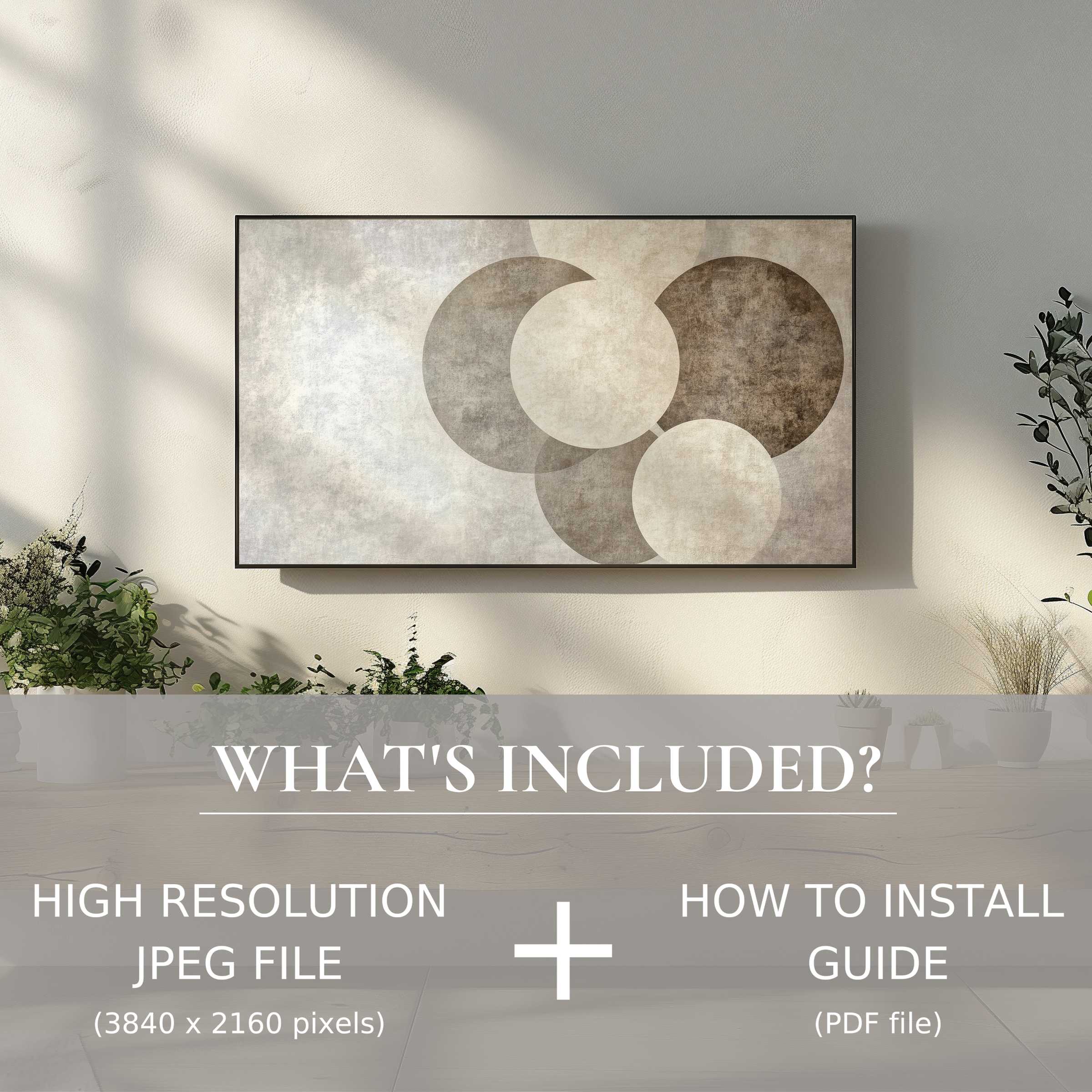 Elegant living space featuring neutral digital TV art download, easy to use, enhancing modern home decor