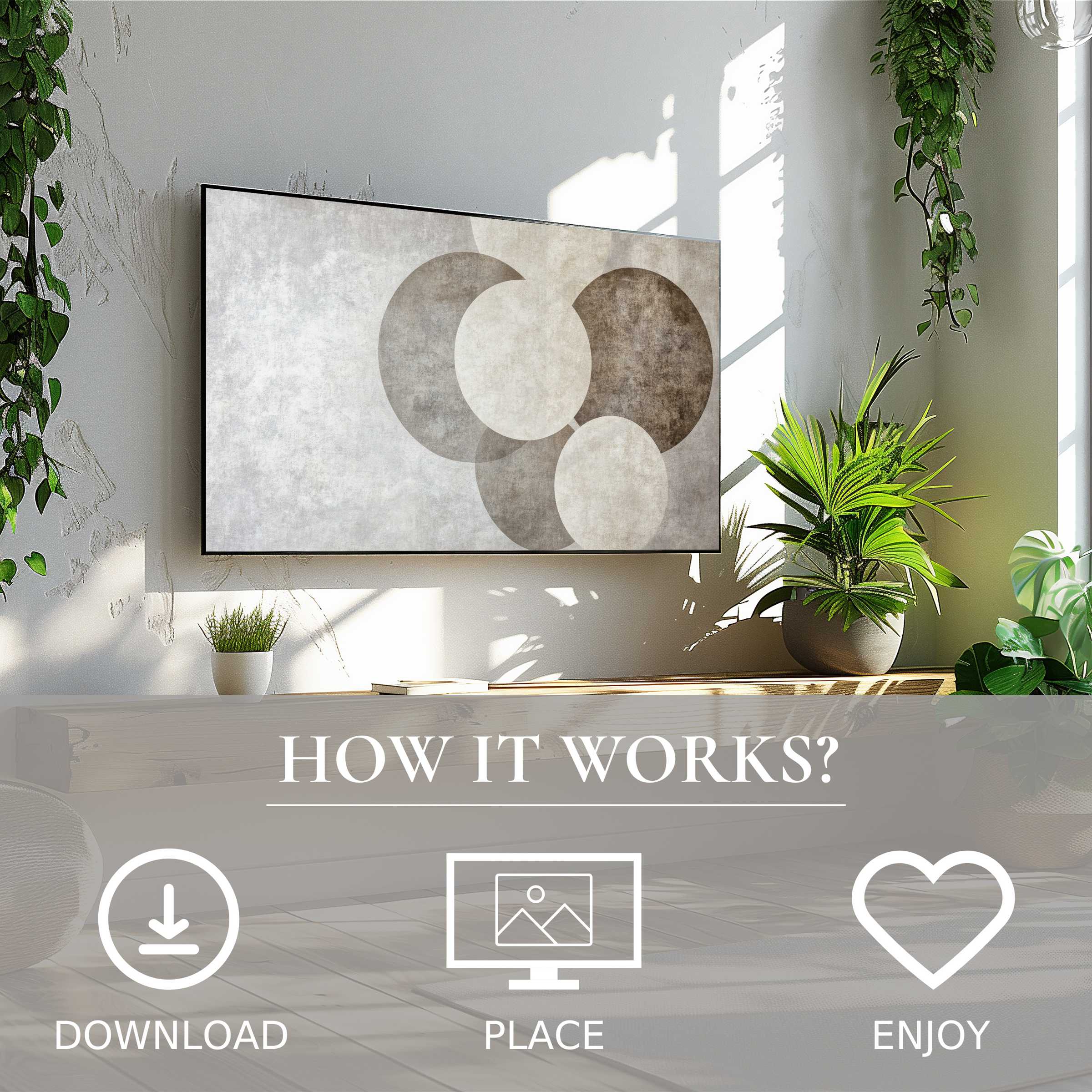 Neutral art for Samsung TV with soft beige circle motif, easy digital download enriching modern living spaces simply