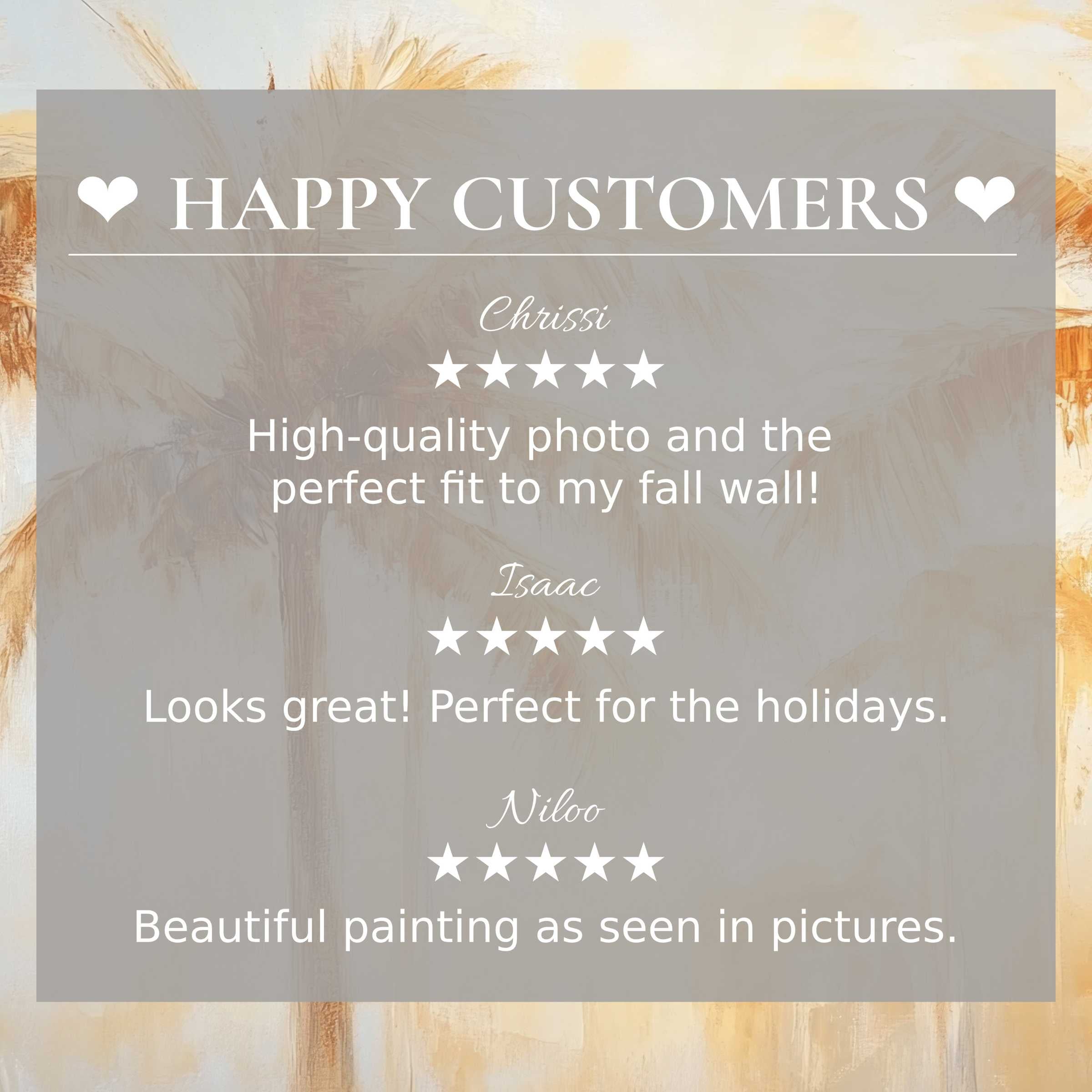 Refined summer art for Frame TV with soft sunset hues, showcasing happy customer reviews that build trust and elegance
