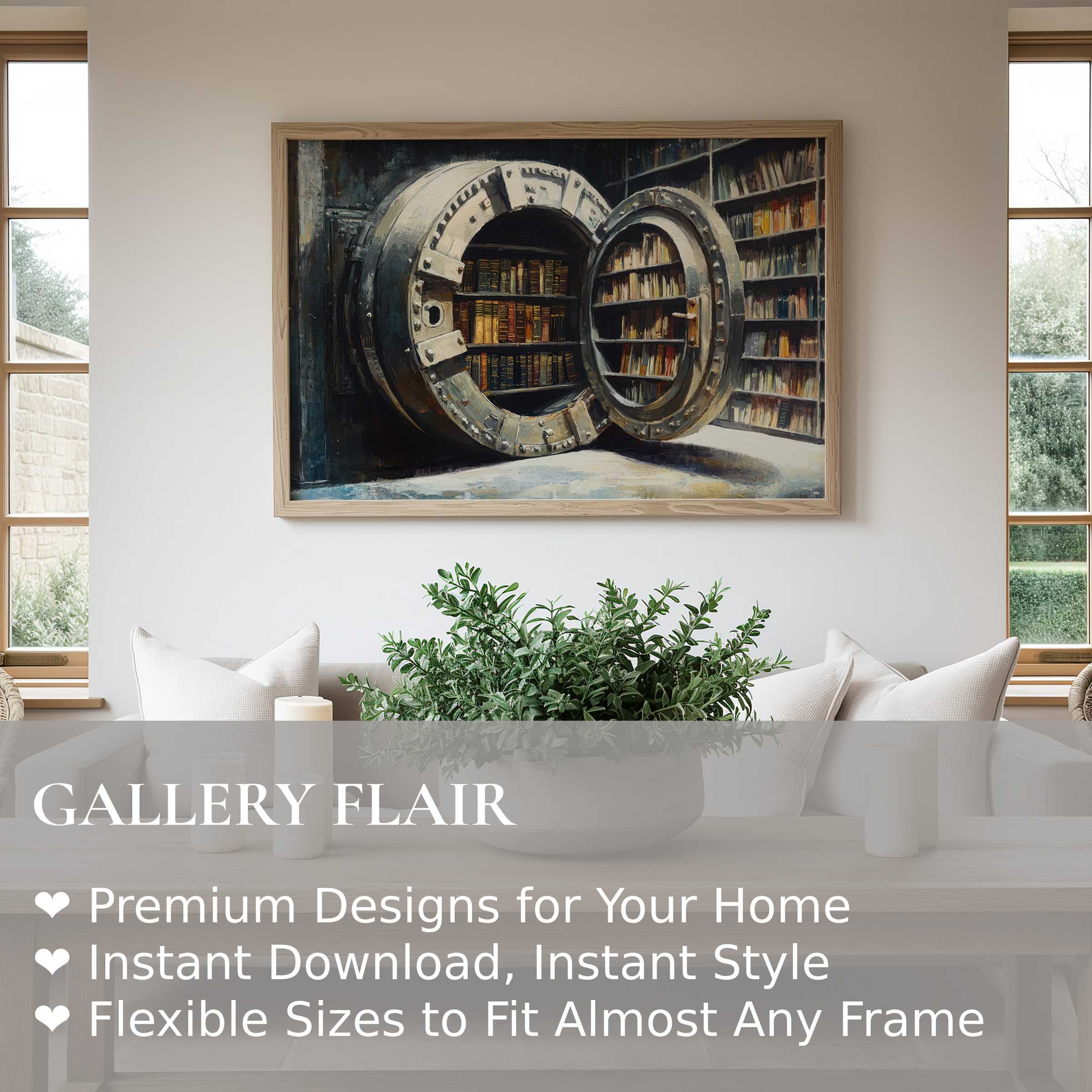 Bold street art wall art print featuring a vault door revealing a library, evoking intrigue and modern sophistication in a minimalist living space