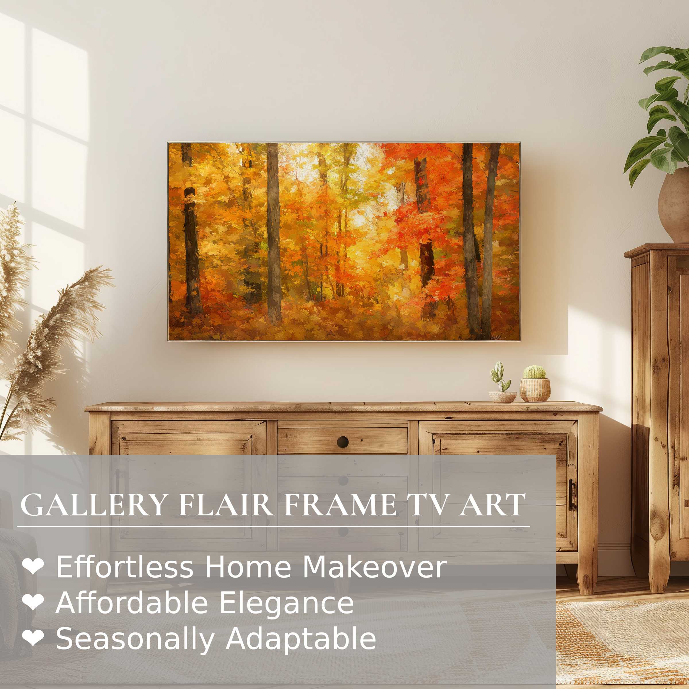 Samsung Frame TV showcasing warm autumn landscape digital artwork in a modern, cozy living space