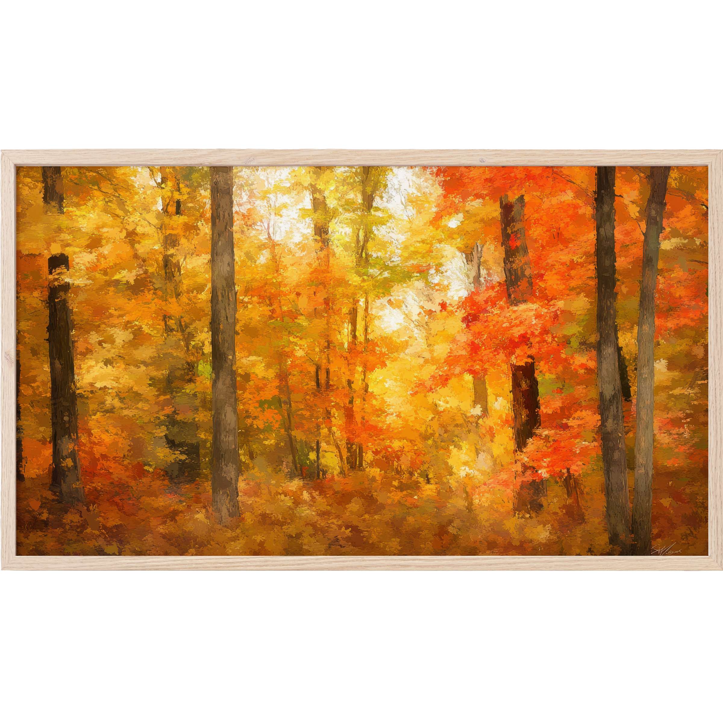 Vibrant autumn forest in rich oranges and golds, textured brushstrokes enhance depth in landscape Frame TV Art