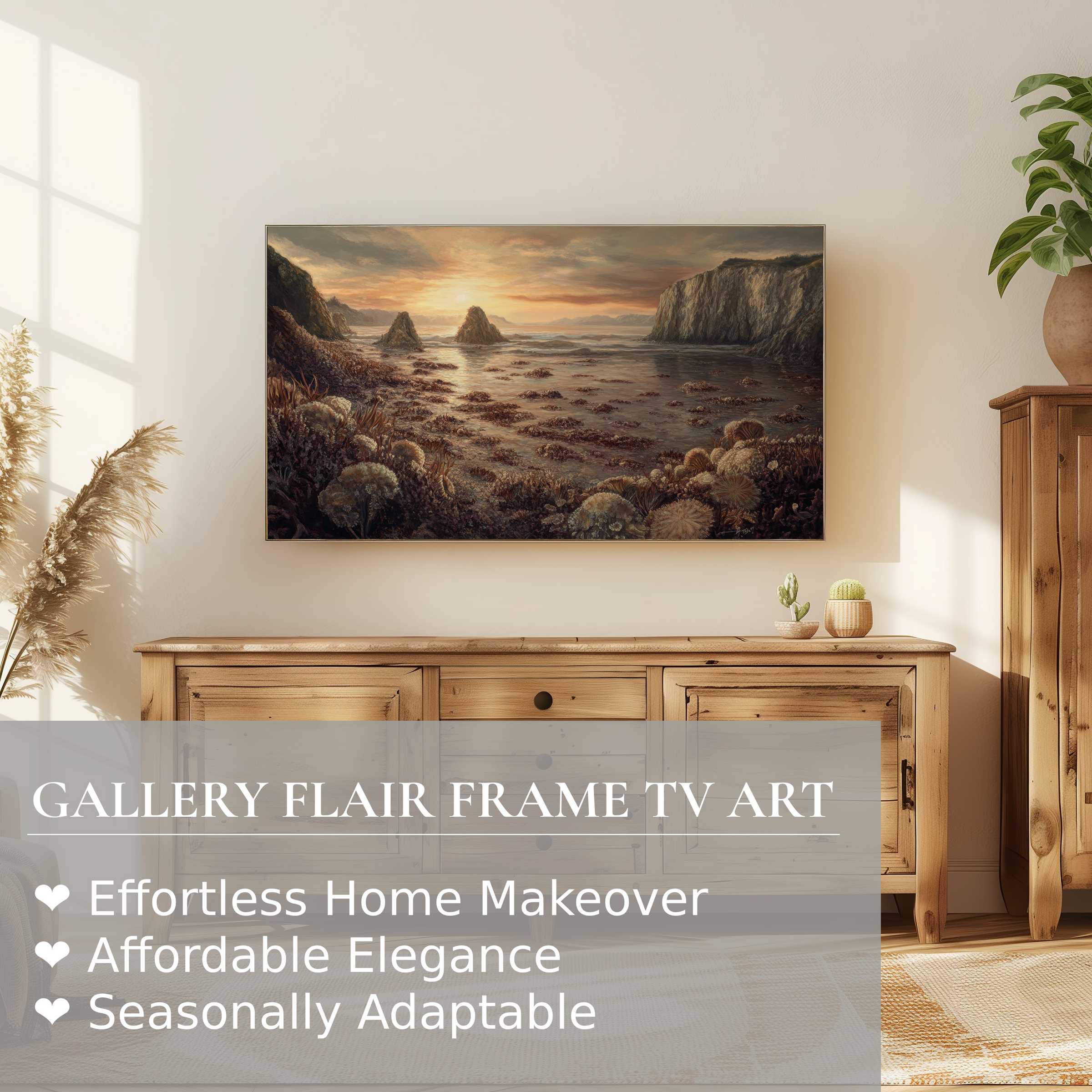 Modern coastal digital artwork of a serene sunset on Samsung Frame TV in a warm, elegant living space